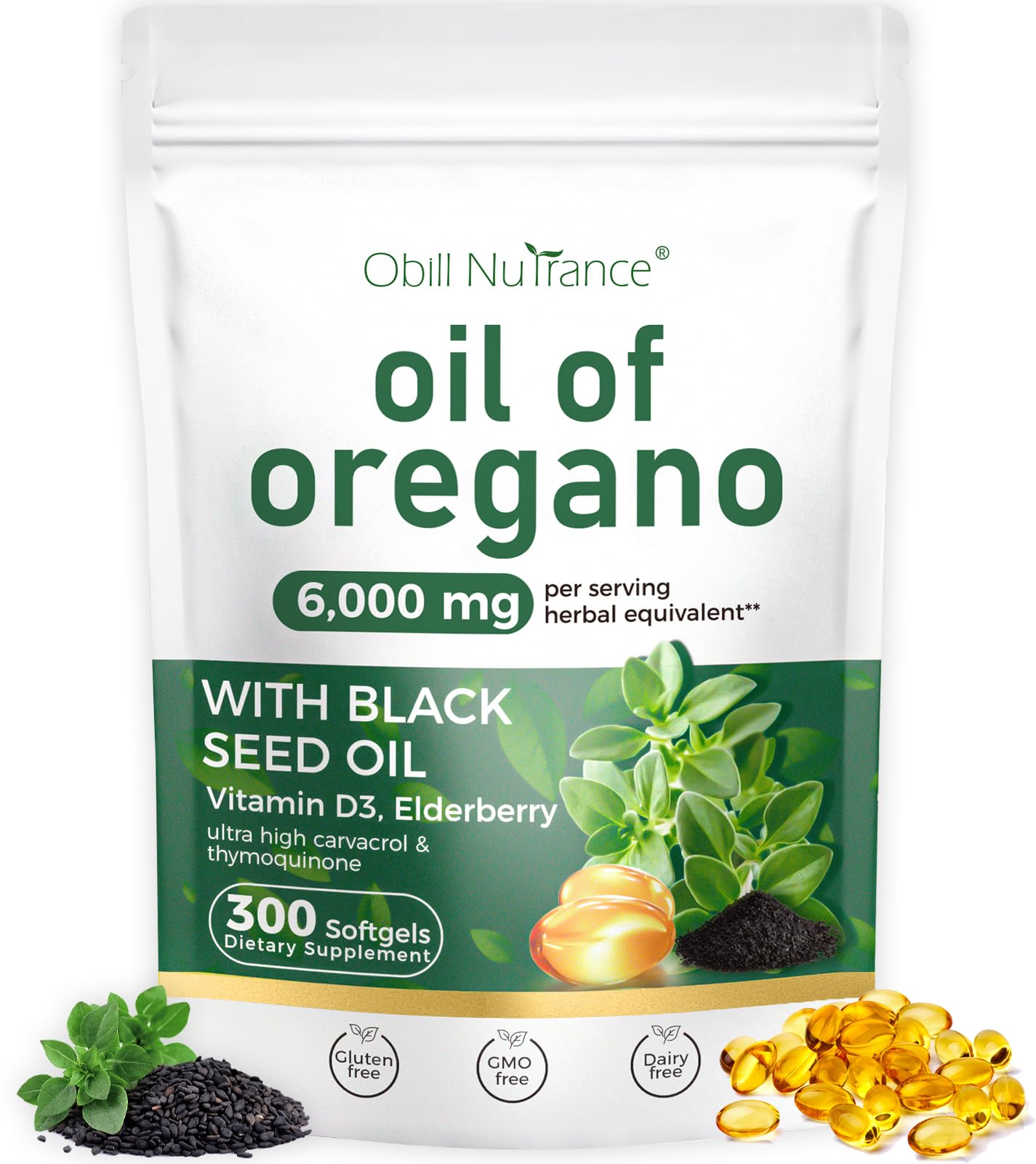 Obill NuTrance Suplemento Fitoterápico de Óleo de Orégano Orgânico com Óleo de Semente Preta, 300 mg, 300 cápsulas gelatinosas