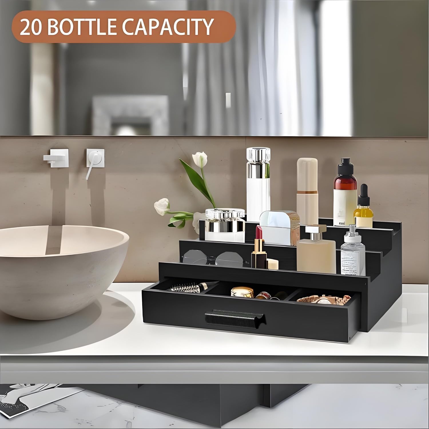 Regał na perfumy z drewna, 3 poziomy, regał na perfumy z szufladą – rustykalny stojak na perfumy na komodę, organizer perfum na blat roboczy, idealny dla mężczyzn, ojca, przyjaciela (czarny)