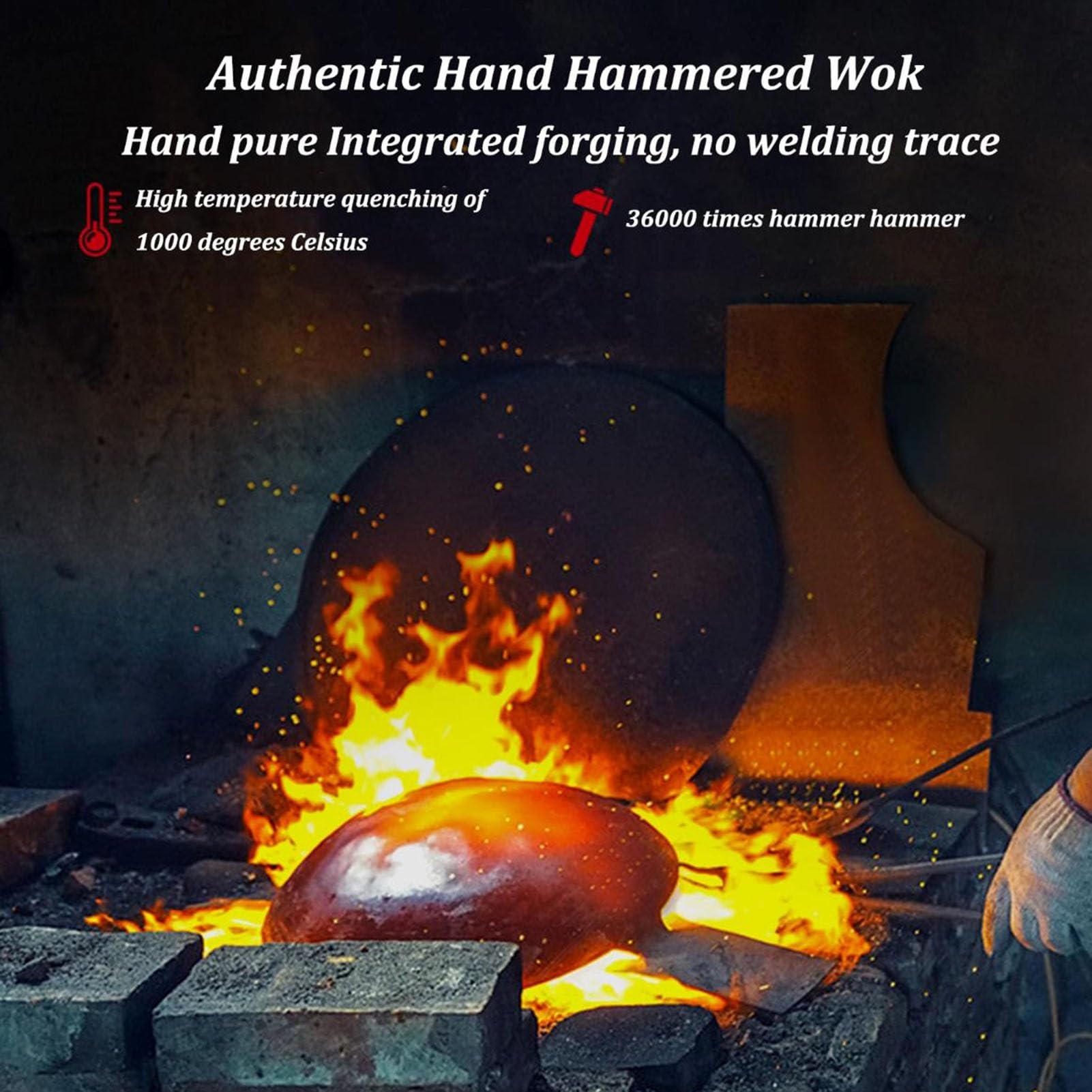 Vnook Woks aus Gusseisen, handgehämmerte Woks aus Eisen, Mehrzweck-Woks aus Gusseisen, Bratpfannen, keine Beschichtung, antihaftbeschichteter Topf for Elektro-/Induktions-/Gasherde(34cm)
