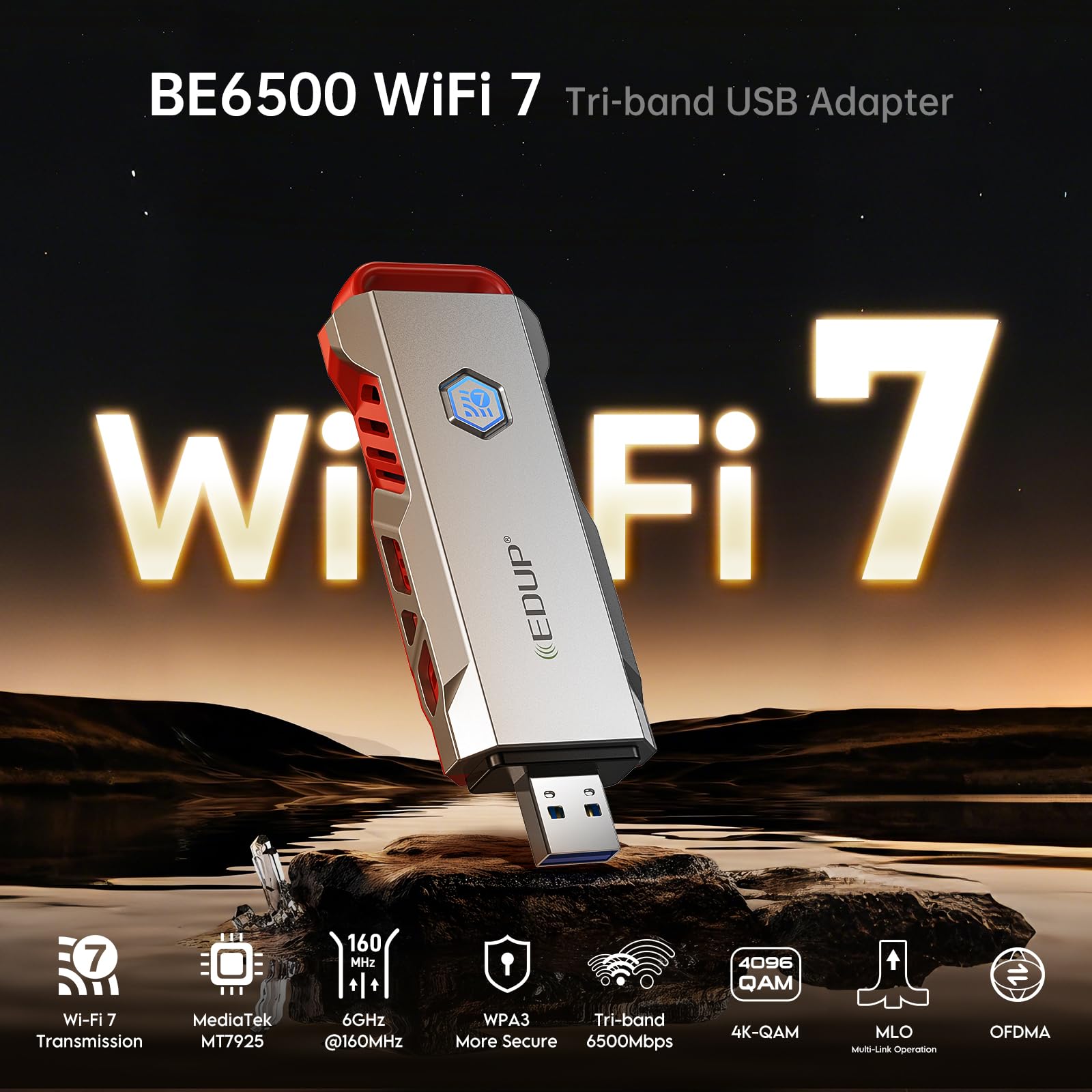 EDUP Adattatore USB WiFi 7 per PC, USB 3.0 Wi-Fi 7 Dongle BE6500Mbps, Tri-Band 6GHz/5GHz/2.4GHz, scheda di rete WiFi 7 per giochi, compatibile con Windows 11 e Linux Kernel 6.7+