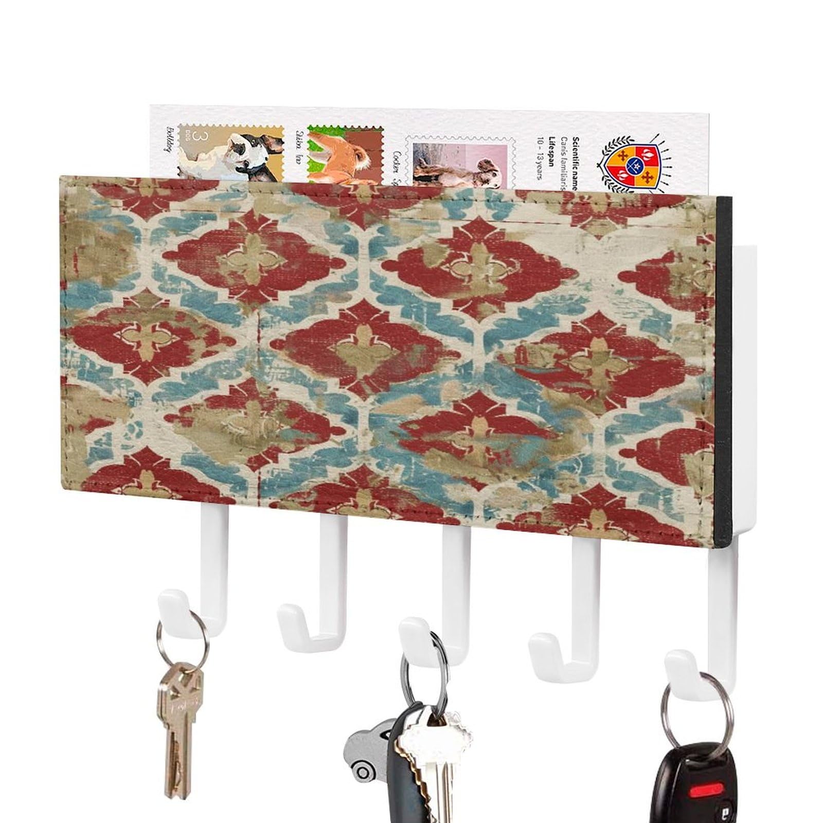 Rustic Key Hangers with 5 Hooks Geometric Kilim Moroccan Ikat Key Holder for Wall, Self Adhesive Key Organizer Key Holder and Key Rack for Kitchen Bathroom Entryway Home Decor