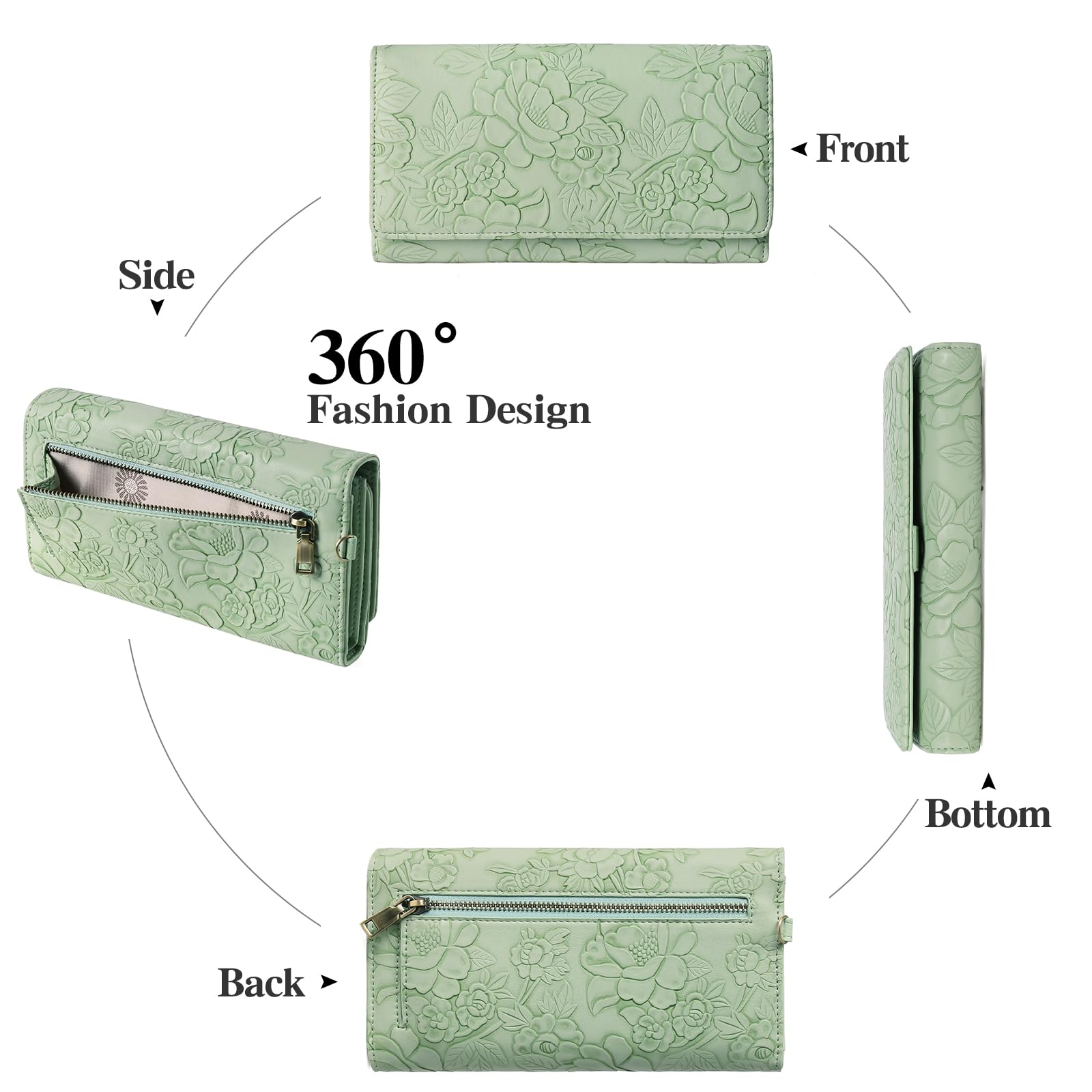 GAEKEAO Portafoglio Donna Grande con Stampa Floreale, Porta Carte in PU-Pelle, Portafogli Triplo con Polsino Rimovibile, Grande Capacità Pochette da Polso Donna con Protezione RFID, Clutch