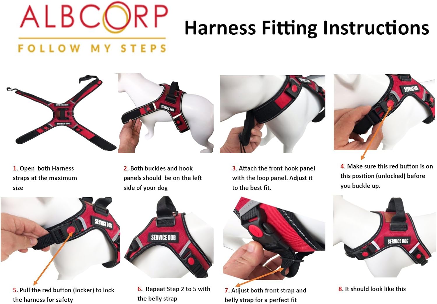 ALBCORP Reflective Service Dog Vest Harness – No-Pull Harness with Handle & Comfy Mesh Padding – Available in Sizes XS-XL– with 2 Removable Hook & Loop Service Dog Patches, Large, Red