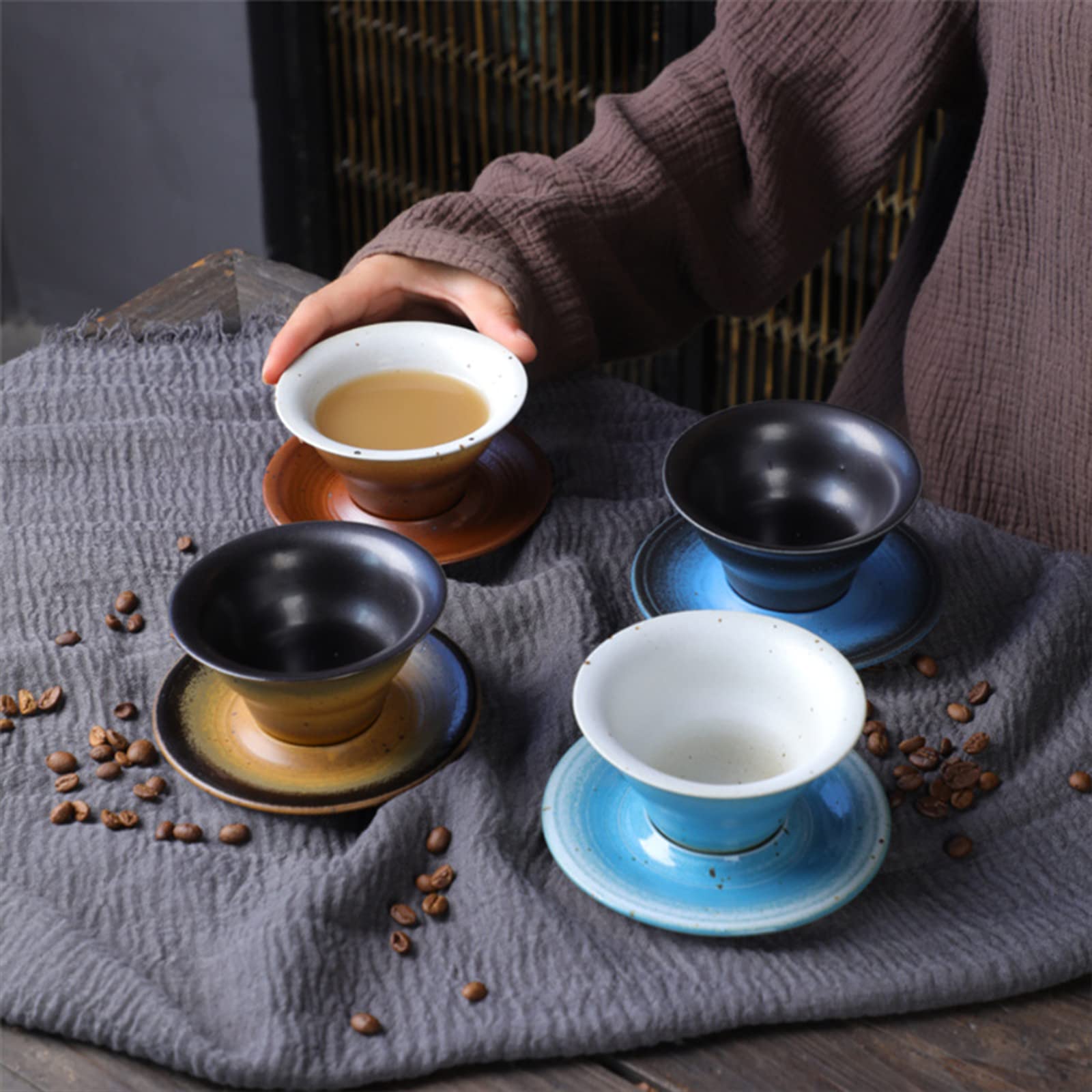 Taza de capuchino hecha a mano de 5.4 oz con platillo Tazas de café expreso de cerámica gruesa Tazas de café de porcelana de cerámica para capuchino Leche Cacao, Apilamiento y ahorro de su encimera,