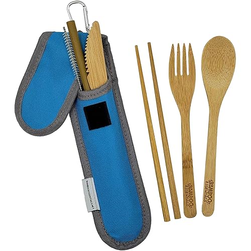 Bamboo Travel Utensil Set | Bamboo Fork, Knife, Spoon, Chopsticks, Straw, Straw-cleaning brush, Travel Pouch and Carabiner | Excellent For Everyday Use! ((1Set) Sky Blue)