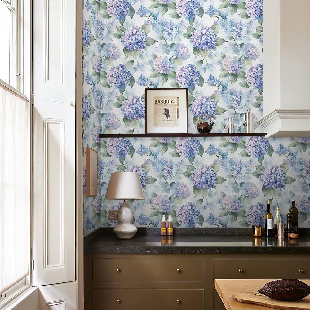 REDAMANCY 17.7"x236" Blue Violet Hydrangea Flower Peel and Stick Wallpaper Modern Wall Paper Stick on Contact Paper Easy Peel Off for Bedroom nightstand Drawer Renter Friendly