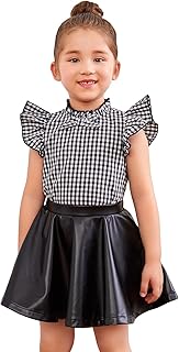 Toddler Girl's 2 Piece Outfits Plaid Mock Neck Cap Sleeve Top and PU Leather Skirt Set