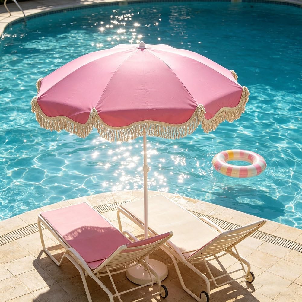 Parasol ogrodowy 200 cm z frędzlami, przenośny parasol plażowy na zewnątrz, 8 żebrami, żelazny trzon, uchylnym, ochrona UV wodoodporny