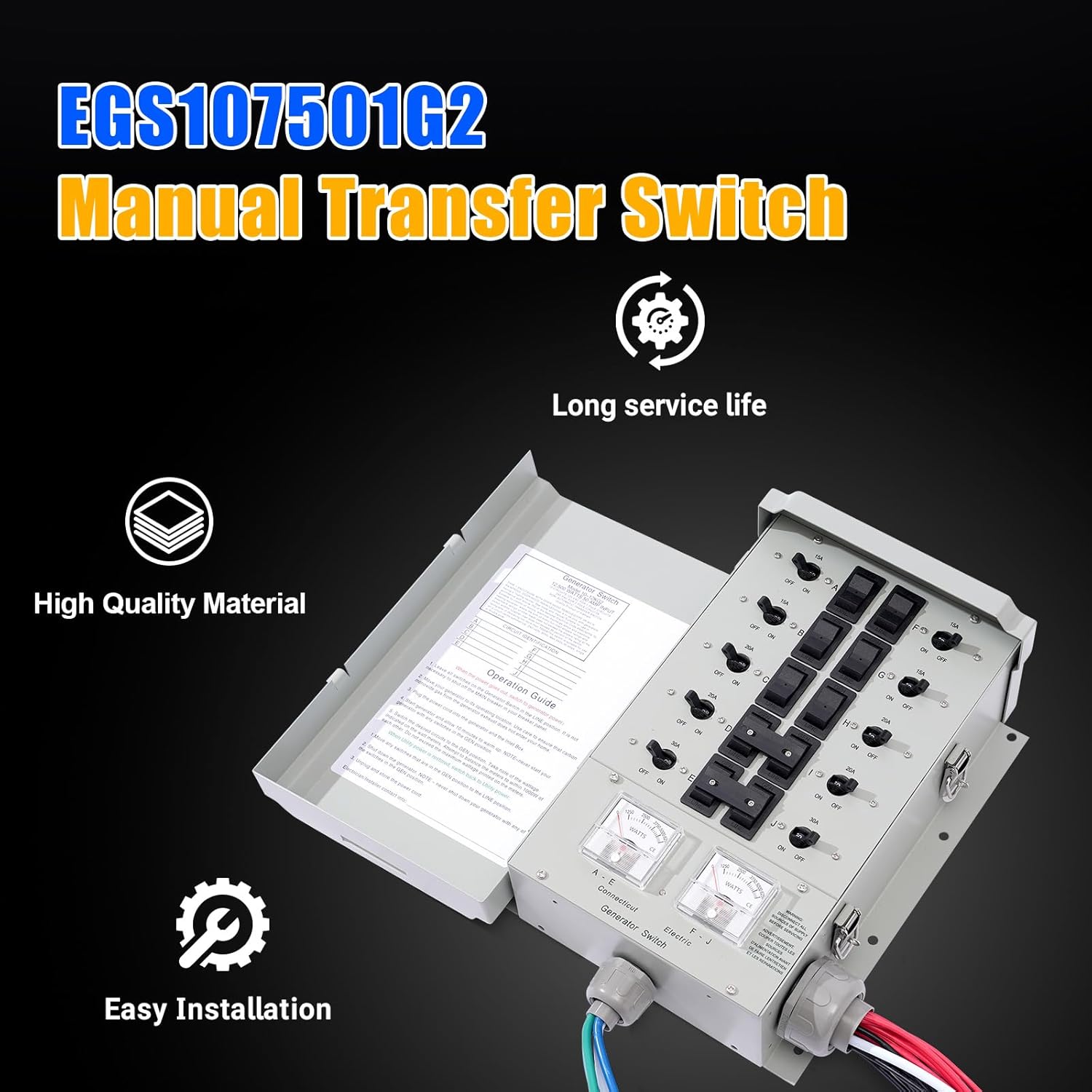 30 Amp Generator Transfer Switch Kit, 10-Circuit, 7500 Watts, Include Weatherproof Inlet Box and 10 Foot Power Cord, PVC Conduit, Used Indoors or Outdoors, NEMA 3R