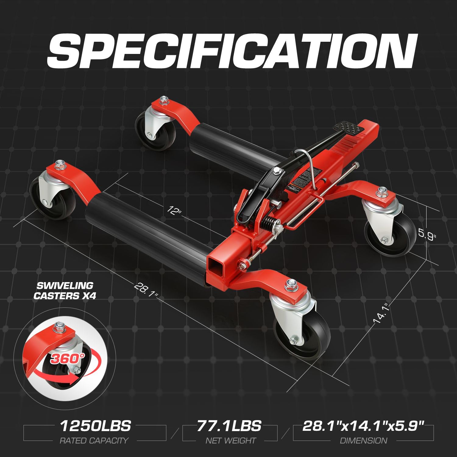 DNA MOTORING 2-teiliges Wagenheber-Set, mechanisch, 567 kg, 30,5 cm Rad, Fahrzeug-Positionierungswagenheber, robuste Rollen mit Ratschen-Fußpedal für Reifenreparatur, Umzug, TOOLS-00756