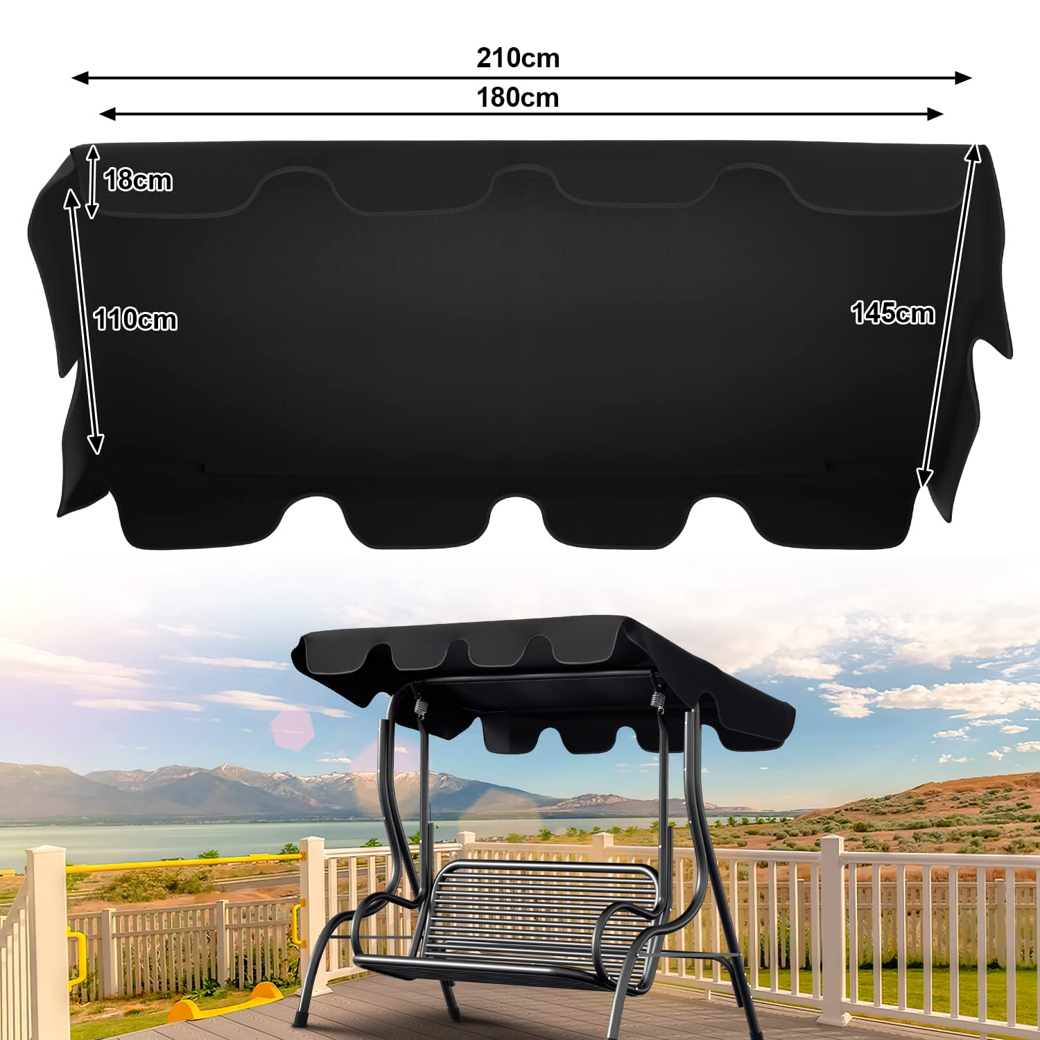Herrselsam Hollywoodschaukel Dachbezug Wasserdicht Universal Ersatzdach Gartenschaukel 3 Sitzer UV-Schutz Ersatzdach für Hollywoodschaukel Anthrazit 210x145cm