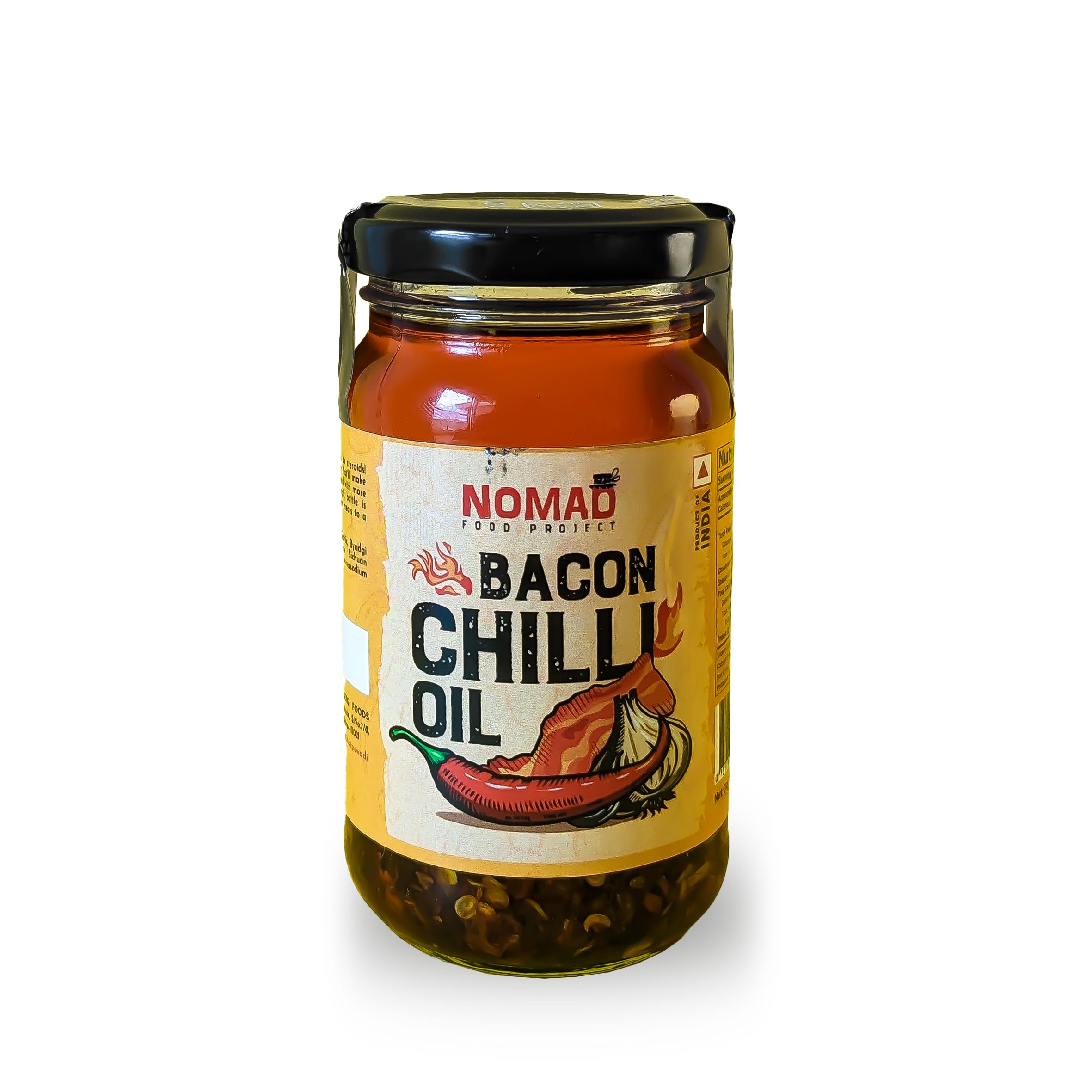 Nomad Food Project | Bacon Chilli Oil (180 gms) | Made with real Bacon | Garlicky, Umami, and Spicy | Perfect for momos, stir-fries, pizza, noodles, and more.