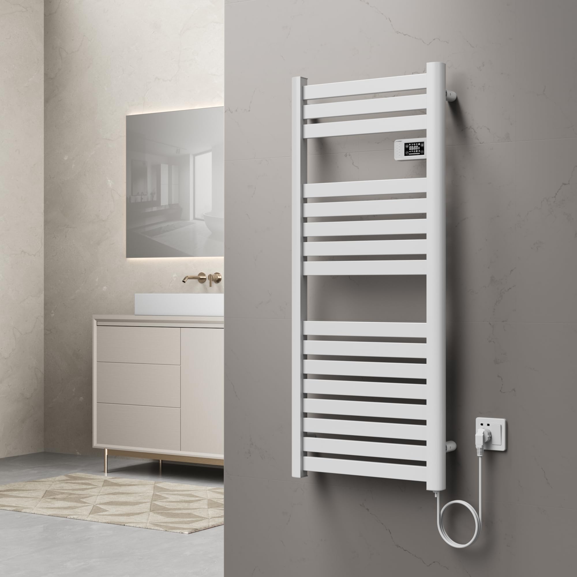 pro.tec Secatoallas Radiador Toallero Eléctrico Mural Secatoallas con 16 Lamas Potencia 500W Modo Confort Eco y Ventana Abierta para Espacios Reducidos Aluminio 120 x 50 cm - Blanco