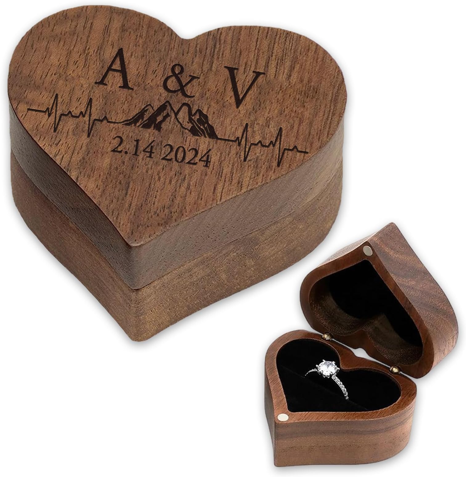 jcyif Personalized Ring Box Custom Engagement Ring Box for Proposal Engraved Wooden Ring Case for Earring Brooches Jewelry Gift Boxes for Women Wedding Essentials Heart Shaped