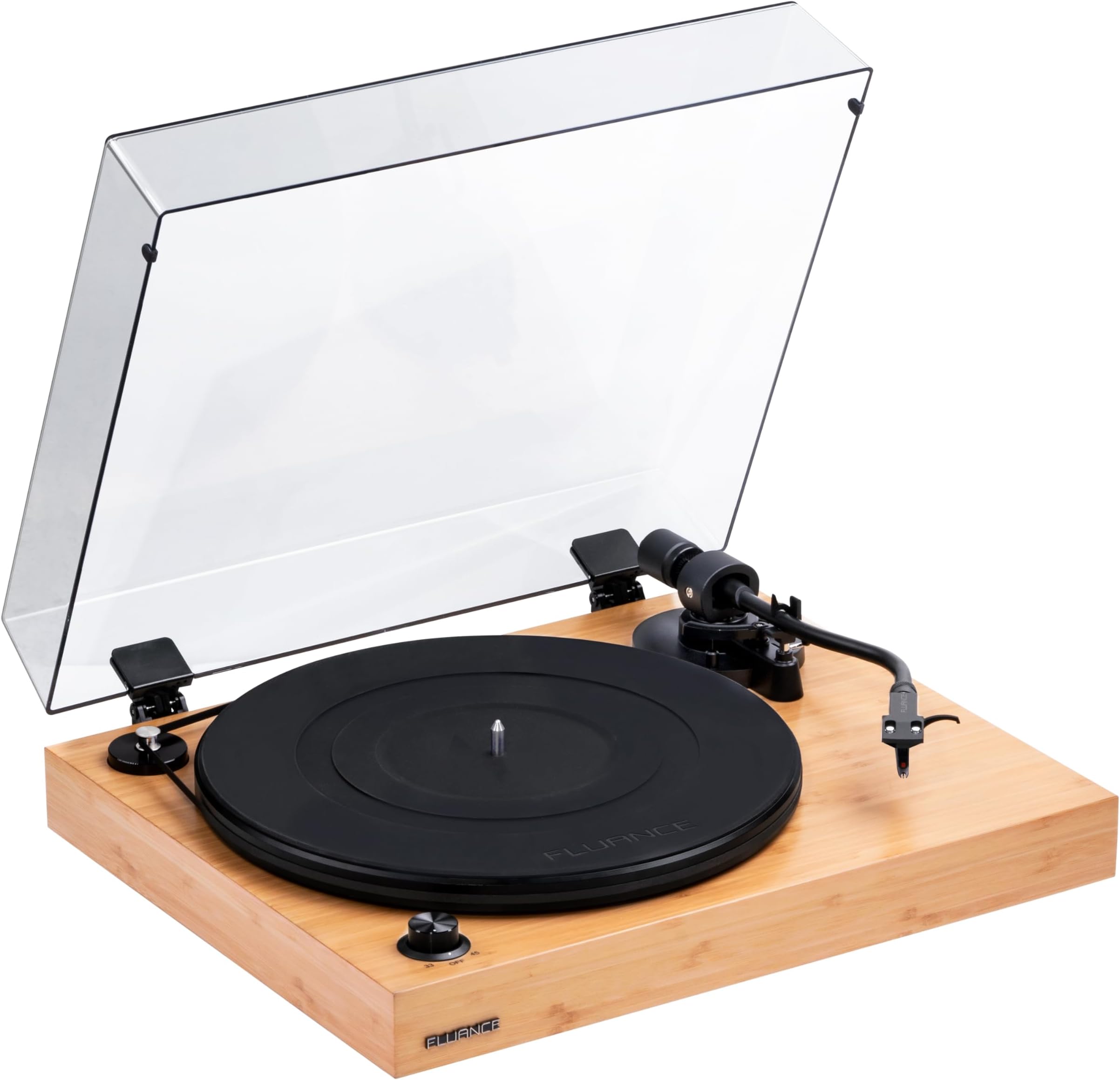 RT82 Reference High Fidelity Vinyl Turntable Record Player with Ortofon OM10 Cartridge, Speed Control Motor, High Mass MDF Wood Plinth, Vibration Isolation Feet - Bamboo