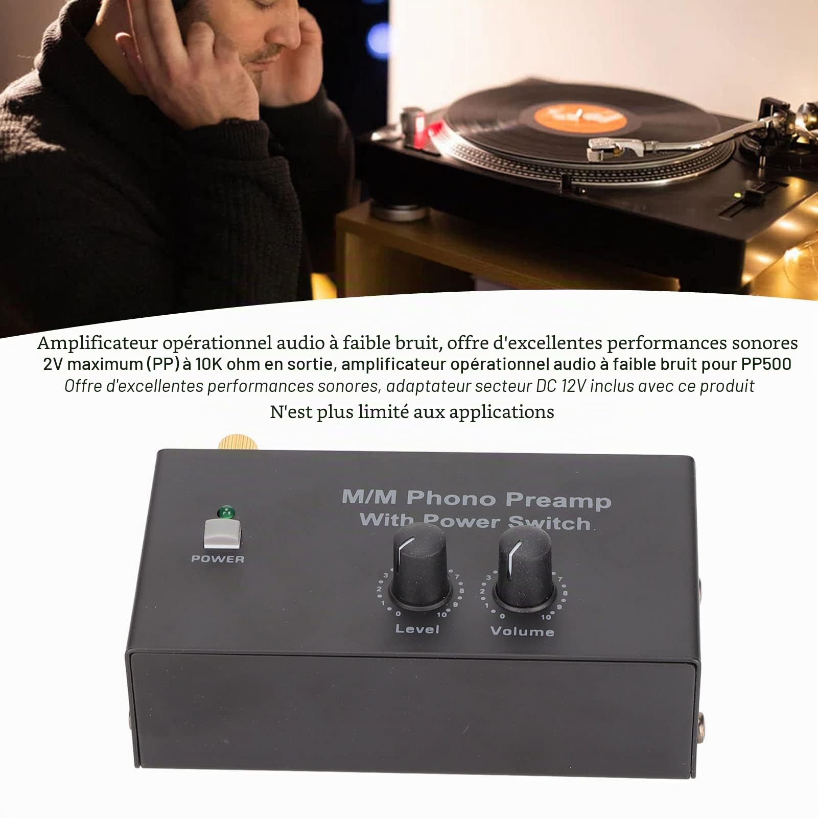 Préampli Phono pour Platine Vinyle,Préamplificateur Phonographe avec Entrée ,Sortie et Fonctionnement à Faible Bruit,Préampli Phono pour Tourne-Disque avec Adaptateur 12V CC