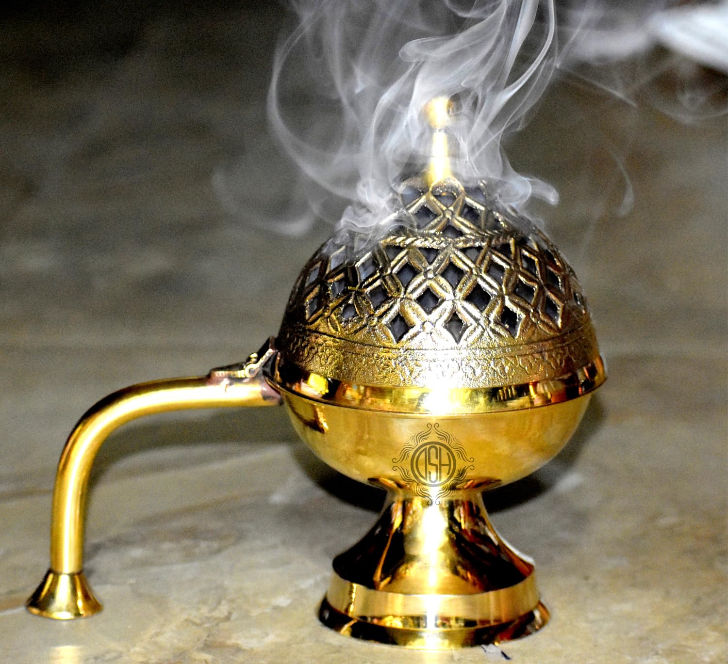 DSH Home Purifying Brass Dhuna Loban Burner Dhooni Dhoop Dani Dhuni Brass Table Dhoop Dani Incense Burner for Loban (Big)