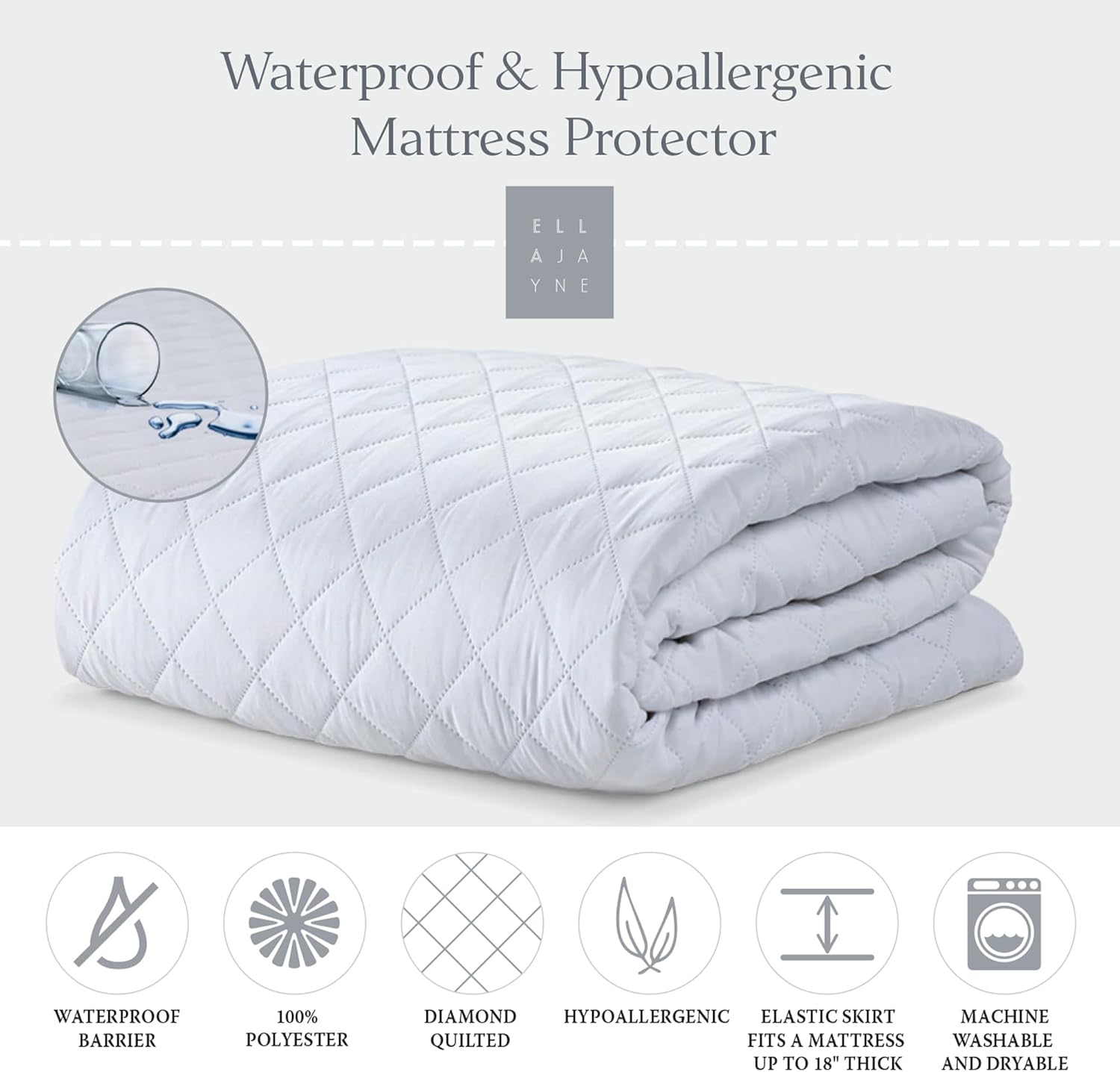 Ella Jayne Waterproof Hypoallergenic Mattress Protector, fits 18" Thick Mattress, Machine wash - California King