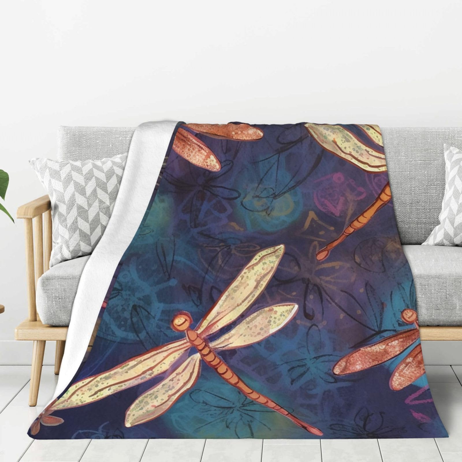 Hand Painted Dragonfly Throw Blanket Plush Flannel Fleece Blanket, Soft Lightweight Cozy Blankets 60"X50" for Bed Couch Sofa Travel