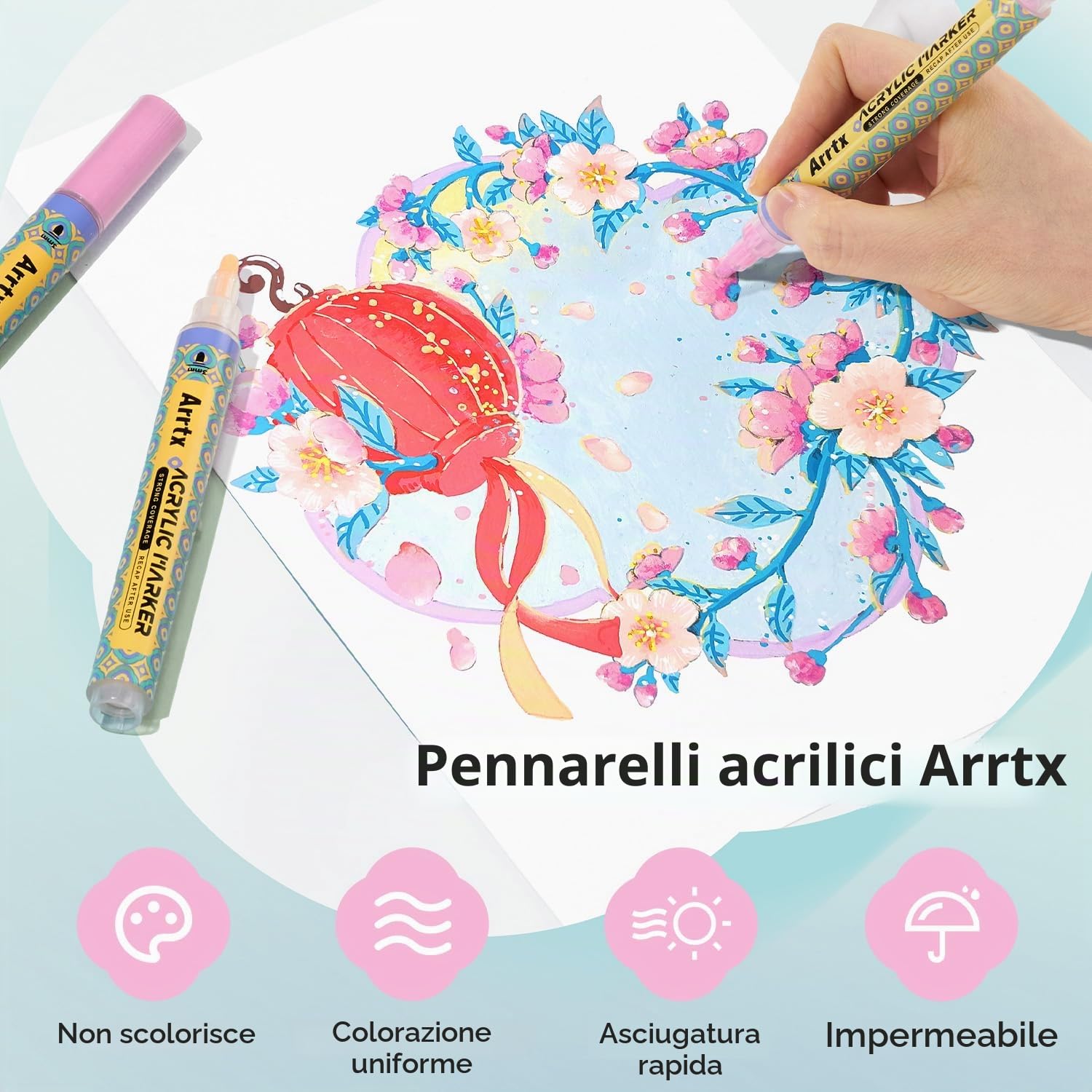Arrtx Pennarelli acrilici a 72 colori, con punta media da 3 mm, atossici, a base d'acqua, ad asciugatura rapida, per artisti, pittura su roccia, legno, tela, artigianato fai da te
