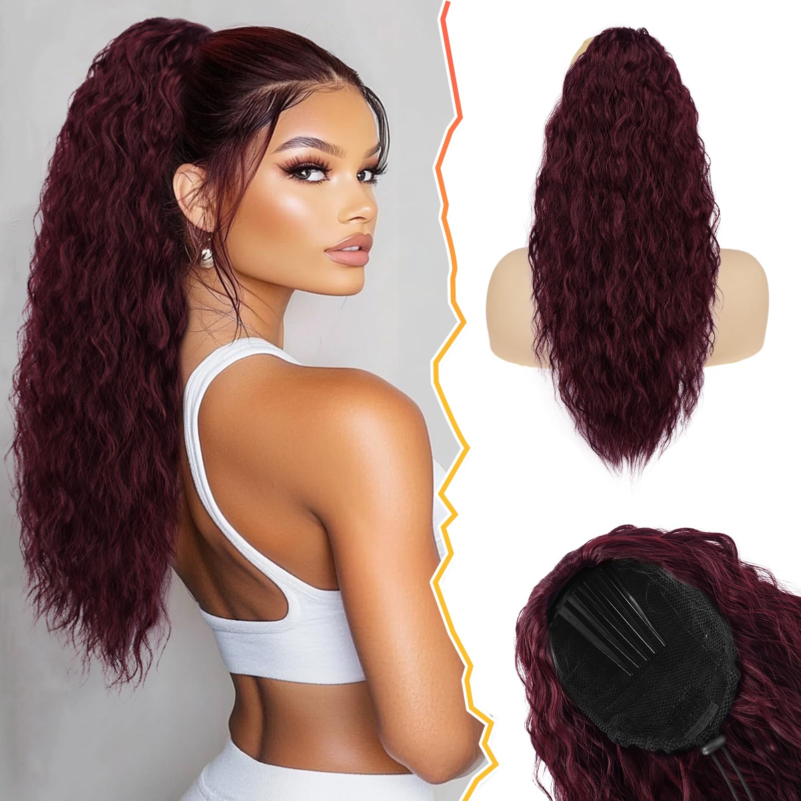 BARSDAR 22 Inch Burgundy Curly Drawstring Ponytail Extension – Dark Red Comb Clip Ponytail Hairpieces for Women – Curly Wavy Synthetic Bohemian