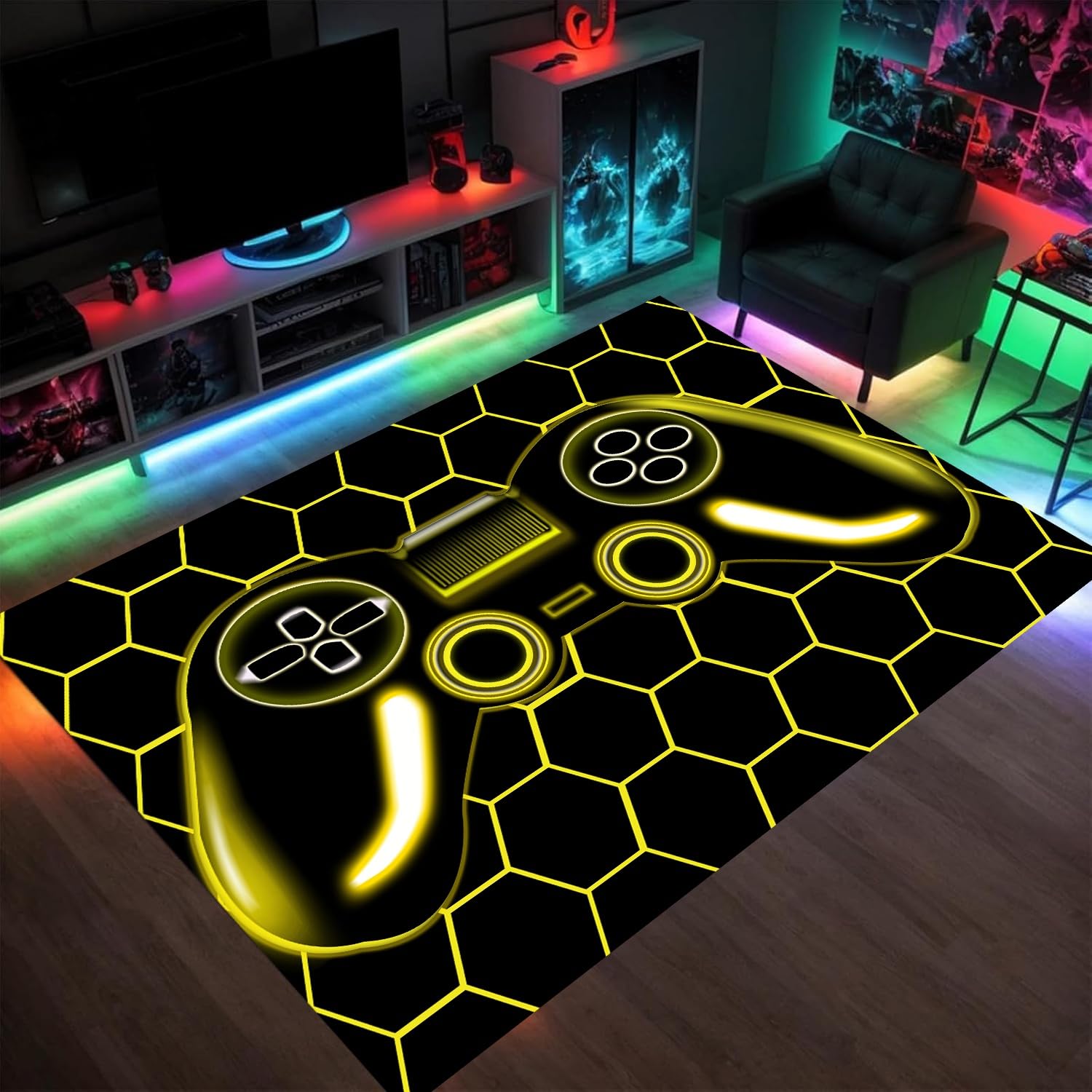 HONGXIU 180x260cm Game Rug Teen Boys Carpet With Game Controller Decoration, 3D Gaming Rugs for Boy’S Bedroom Living Room Playroom, Non-Slip Gamer Carpet Children Gaming Area Rugs