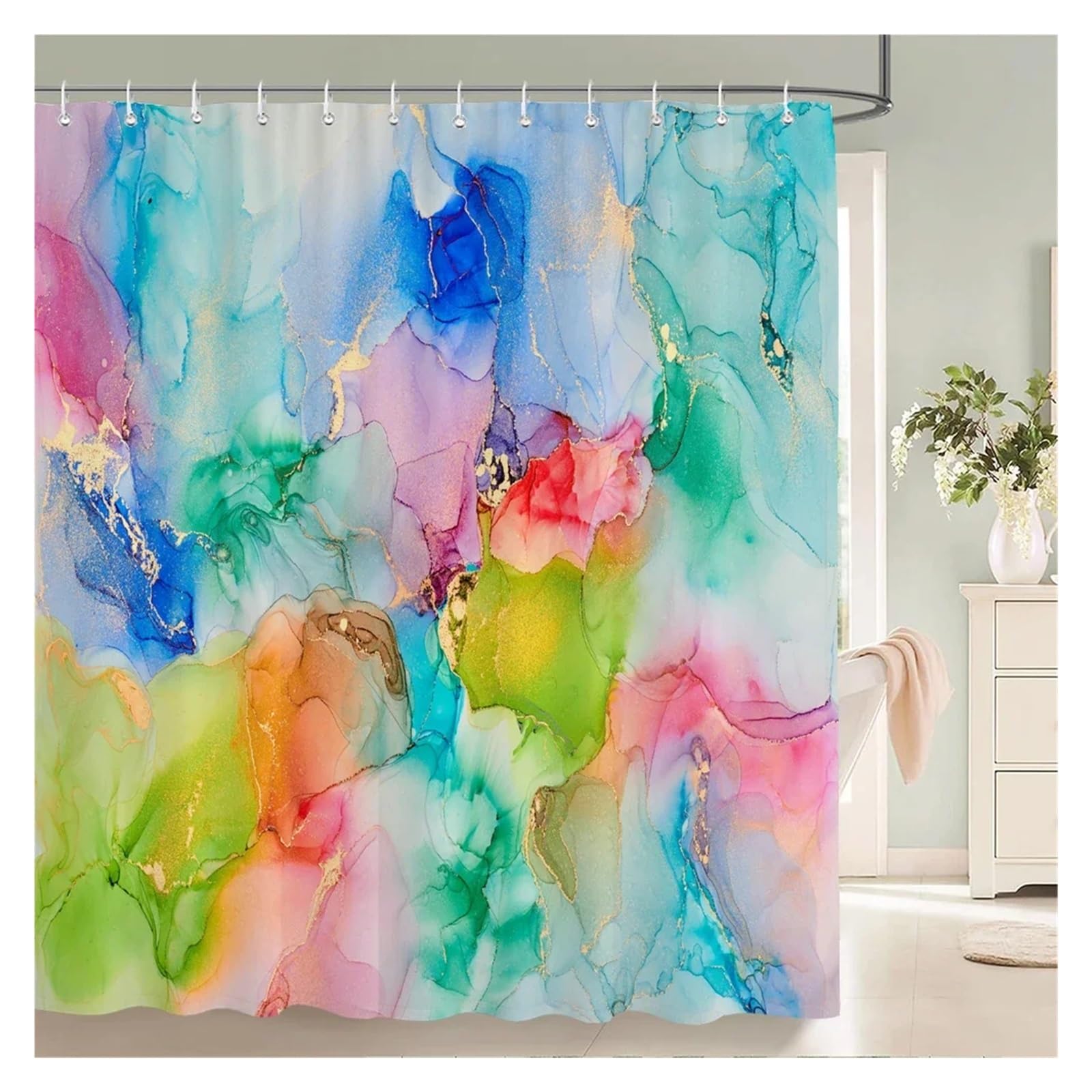 Rideau de douche anti-moisissure motif marbre coloré en polyester imperméable 180x180 avec crochet