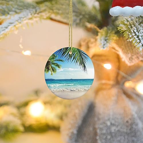 Miniatura 8 de Árbol de Navidad con estampado tropical de palmera hawaiana, playa, árbol de Navidad colgante de cerámica de forma redonda, para reuniones