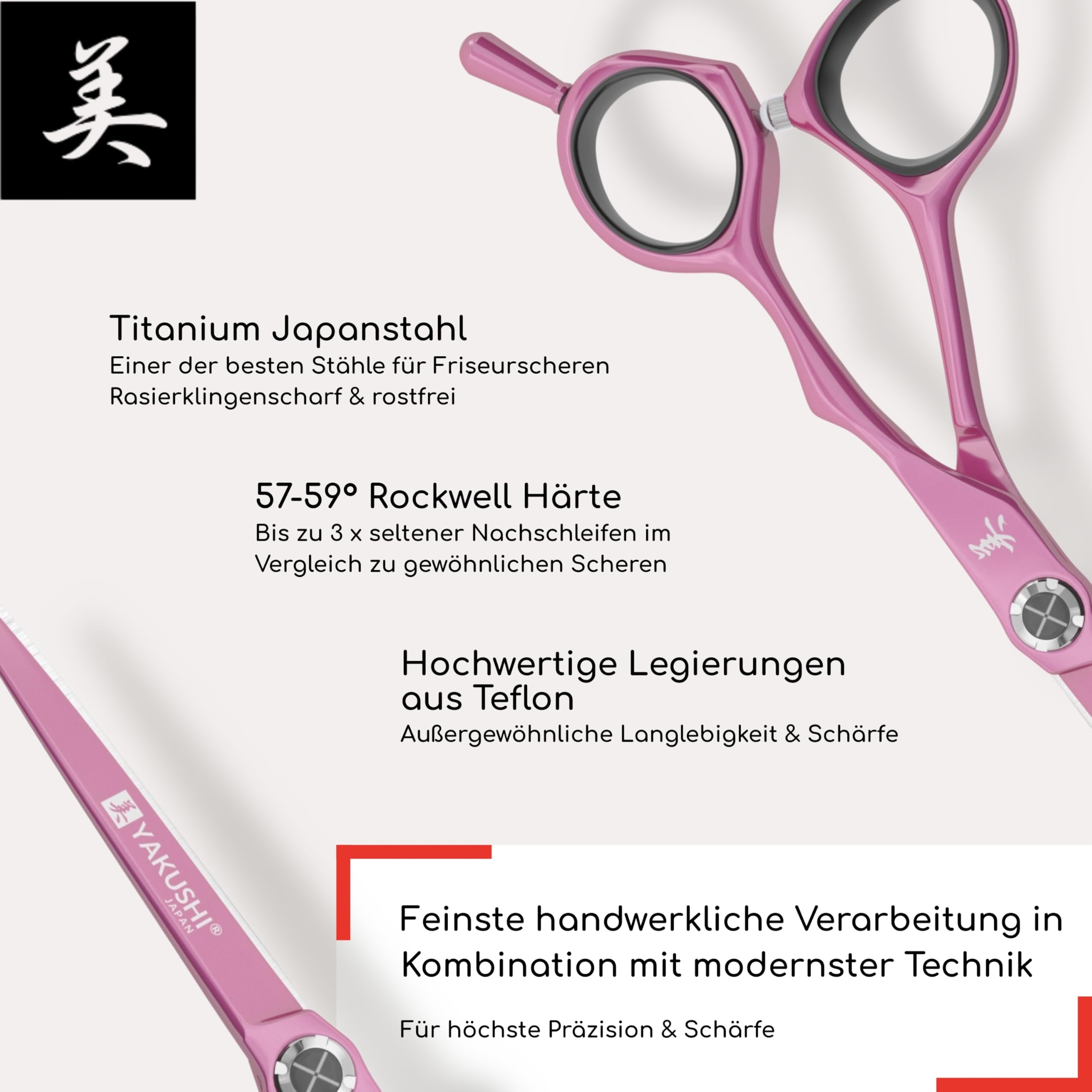 YAKUSHI CHAMEO PINK BEAUTY Haarschneideschere 5,5'' I Special-Line I Schere aus Titanium Japanstahl mit Teflon Beschichtung I Rasiermesserscharfe Friseurschere mit abnehmbarem Fingerhalter