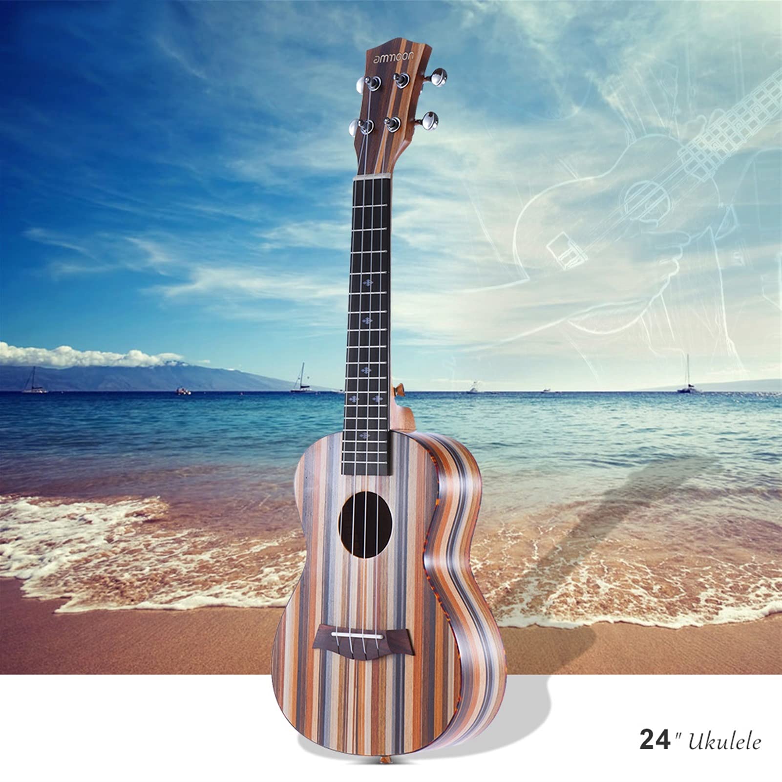 Ukulele 24 "Ukulele Acoustic Ukulele Soprano 18 Frets 4 Stringhe Chitarra Guitar Bokojoume Neck Dreewood Concerto Ukulele