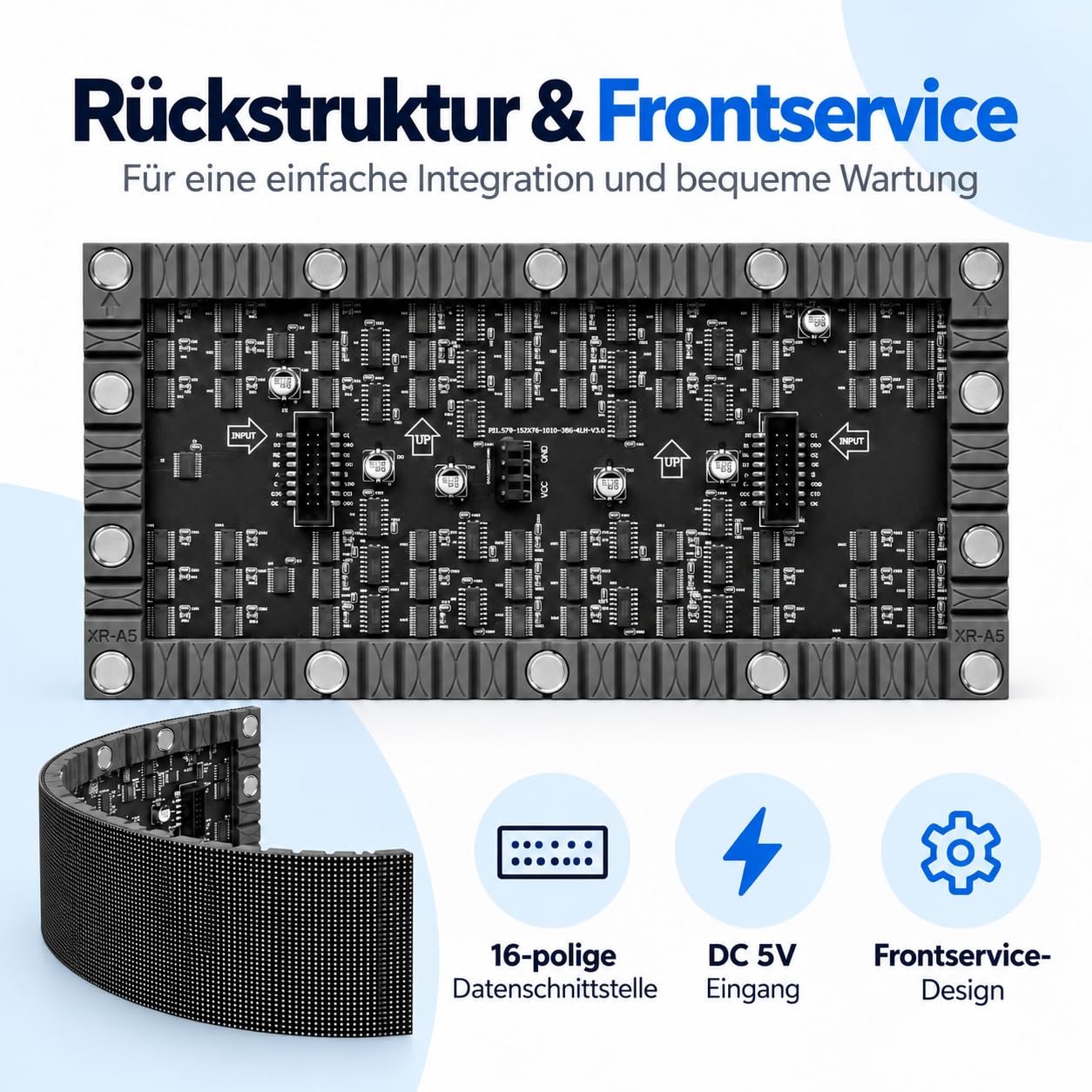 P1.579 Flexibles LED-Modul 240 x 120 mm, 152 x 76 Pixel, SMD1212, DC 5V, 700 Nits, 1/38 Scan, Magnetmontage, Frontservice für gebogene Indoor-Displays, 20 Stück