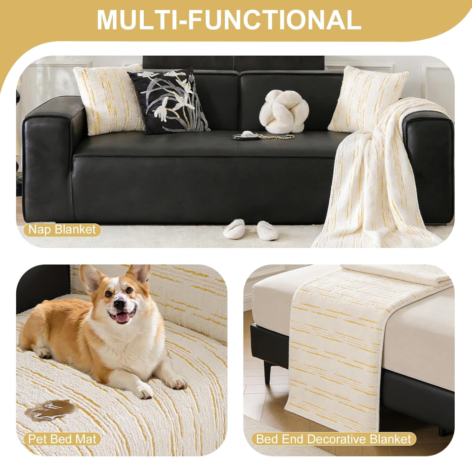 STACYPIK Modern Plush Jacquard Couch Cover for Dogs, Fuzzy Sofa Covers for 2 Cushion Couch, Soft Dogs Bed Cover, Geometric Yellow Lines Furniture Protector, Non Slip Comfort Sofa Silpcover-27.6x27.6IN