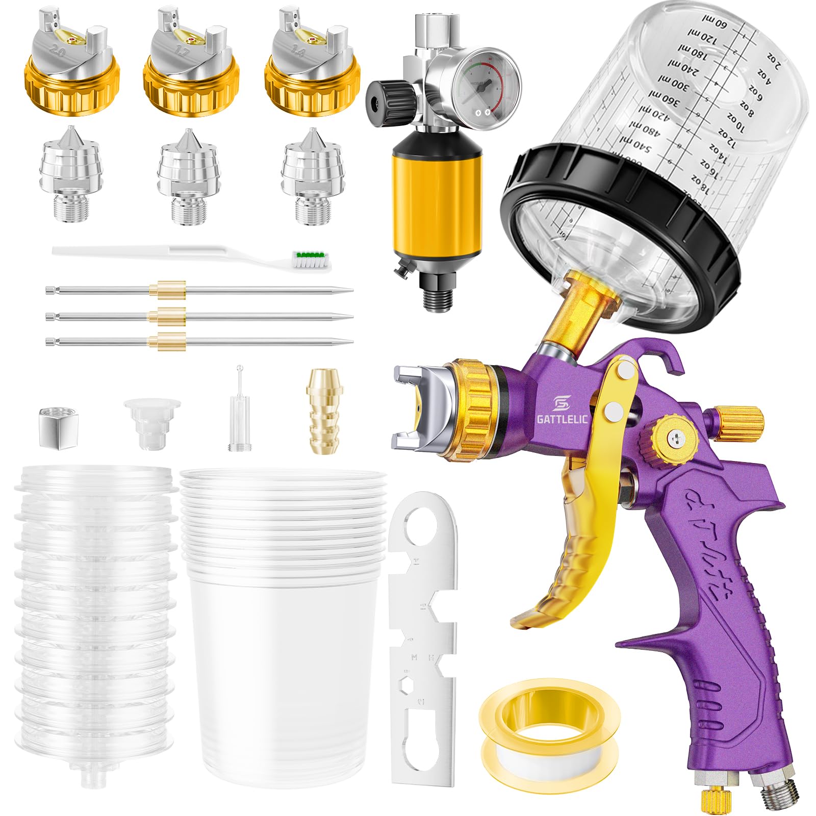 HVLP Air Spray Gun With 1.4/1.7/2 Nozzles & Air Copressor Regulator, Air Spray Paint Gun W