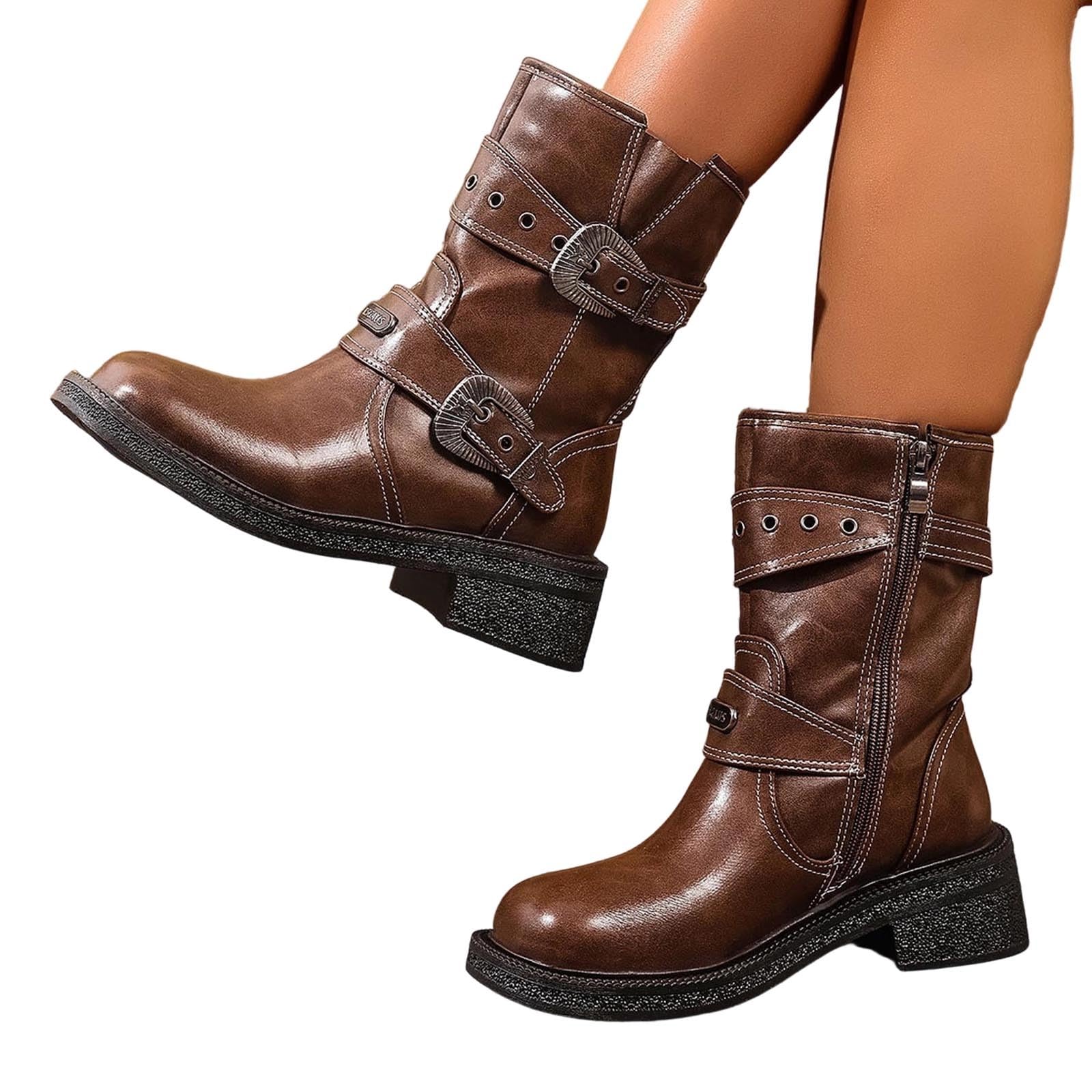 Botas por Encima de la Rodilla Botas de Media caña con tacón Grueso y Suela Gruesa, Montar, Moto con Correas Hebilla y Cremallera Lateral.