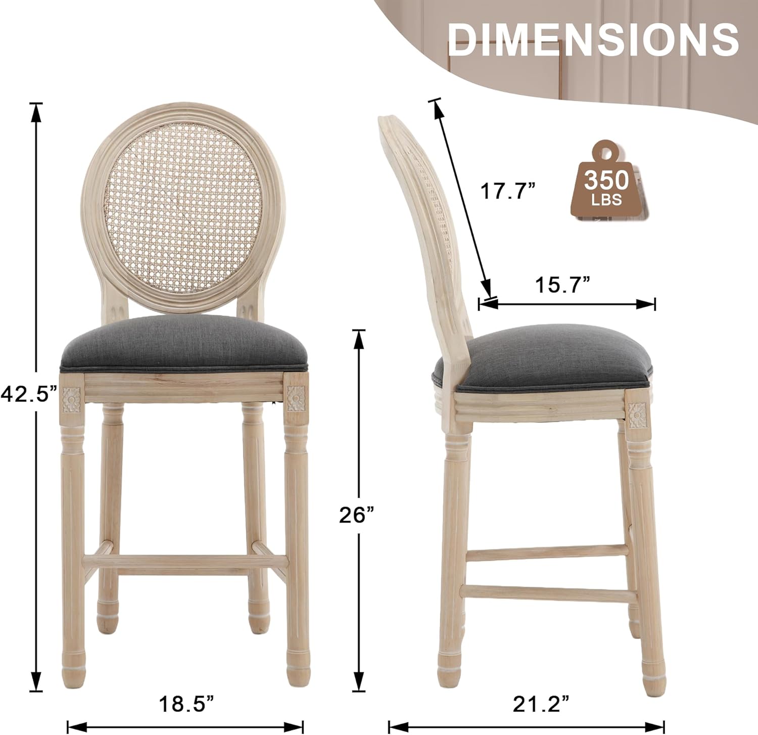 Counter Height Bar stools Set of 2, French Country Barstools with Rattan Back, 26” Solid Wood Linen Upholstered Bar Chairs for Kitchen, Dining Room, Dark Grey
