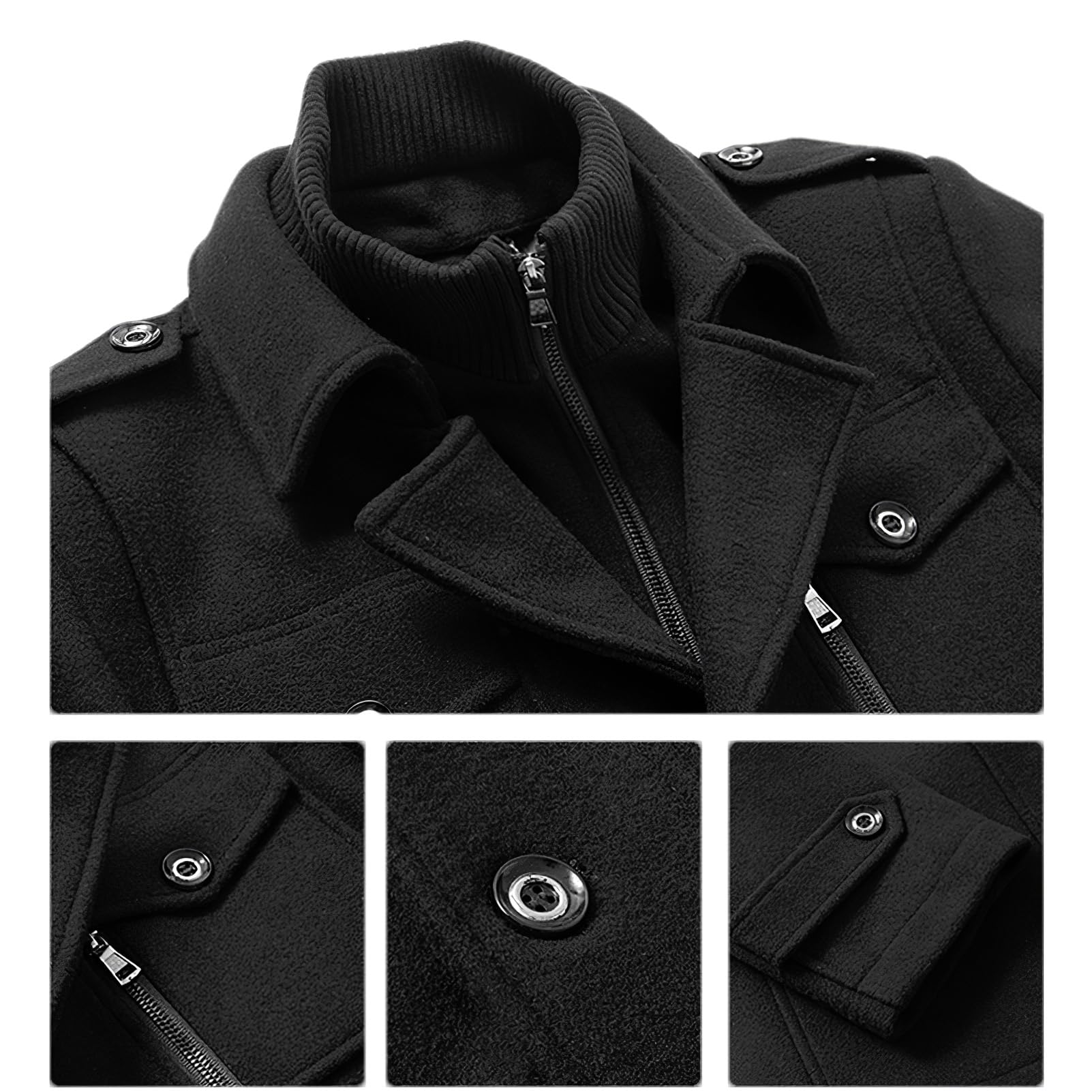 ANUFER Hombre Mezcla Lana Peacoat con Cuello Desmontable