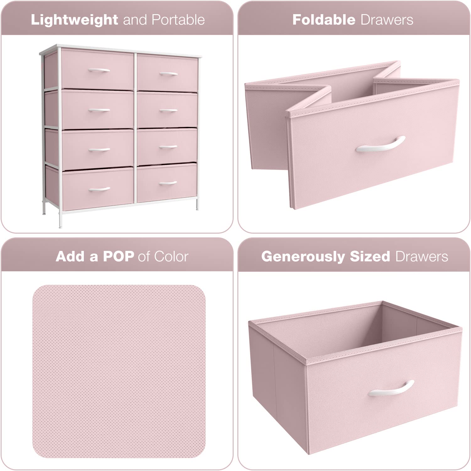 Sorbus Dresser with 8 Drawers - Furniture Storage Tower Unit for Bedroom, Hallway, Closet, Office Organization - Steel Frame, Wood Top, Easy Pull Fabric Bins (Pink)