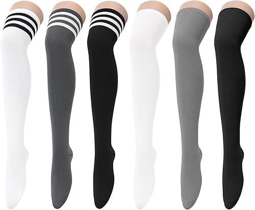 Zando Paquete de 6 calcetines de algodón para mujer, por encima de la rodilla, calcetines a rayas para botas y calentadores de piernas para uso 6