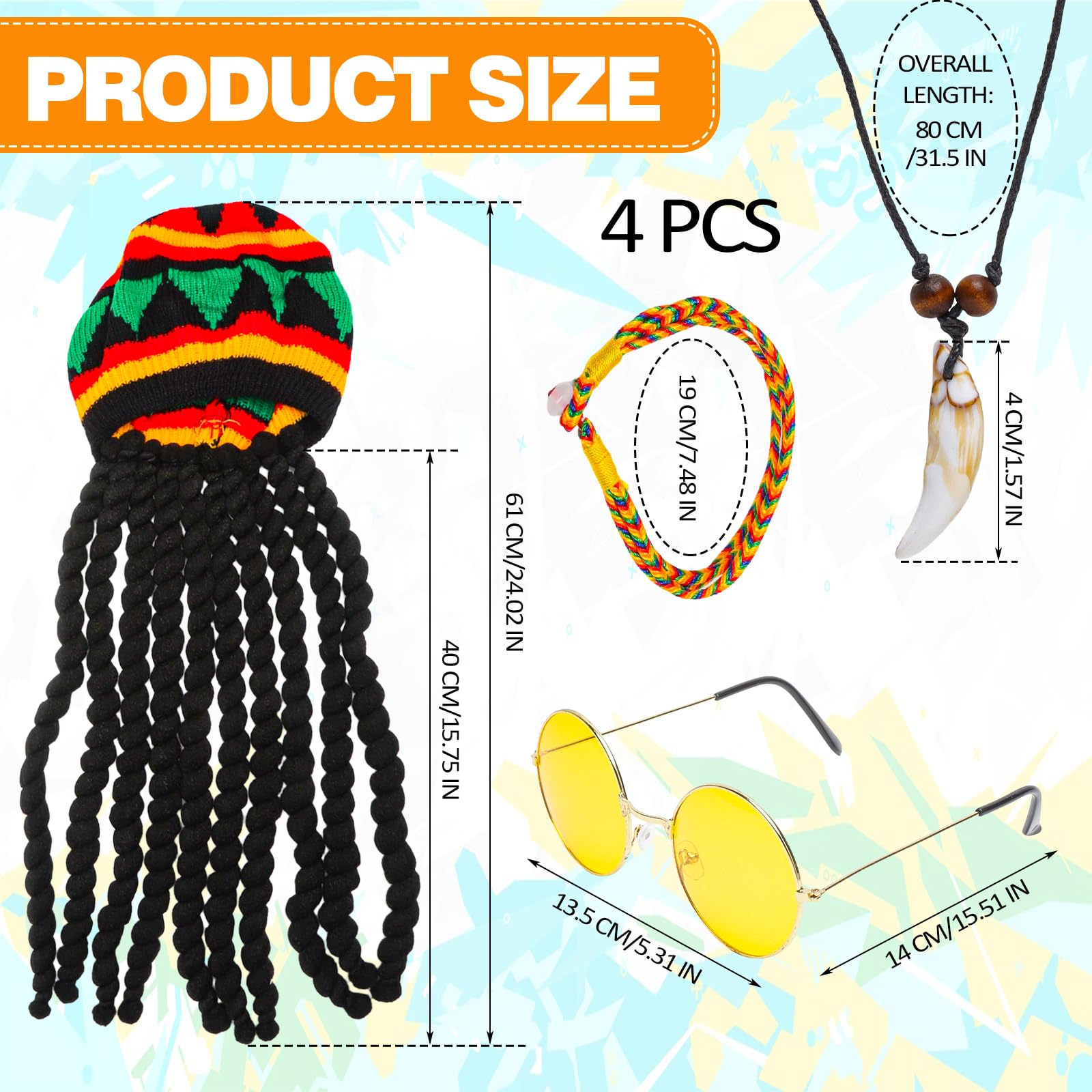 4 sztuki czapek Rasta Dreadlocks, peruka Rasta, styl jamajski, zabawne czapki z dredami, peruka, czapka z włosami, zabawny kostium, maskarada, akcesoria kostiumowe do cosplay