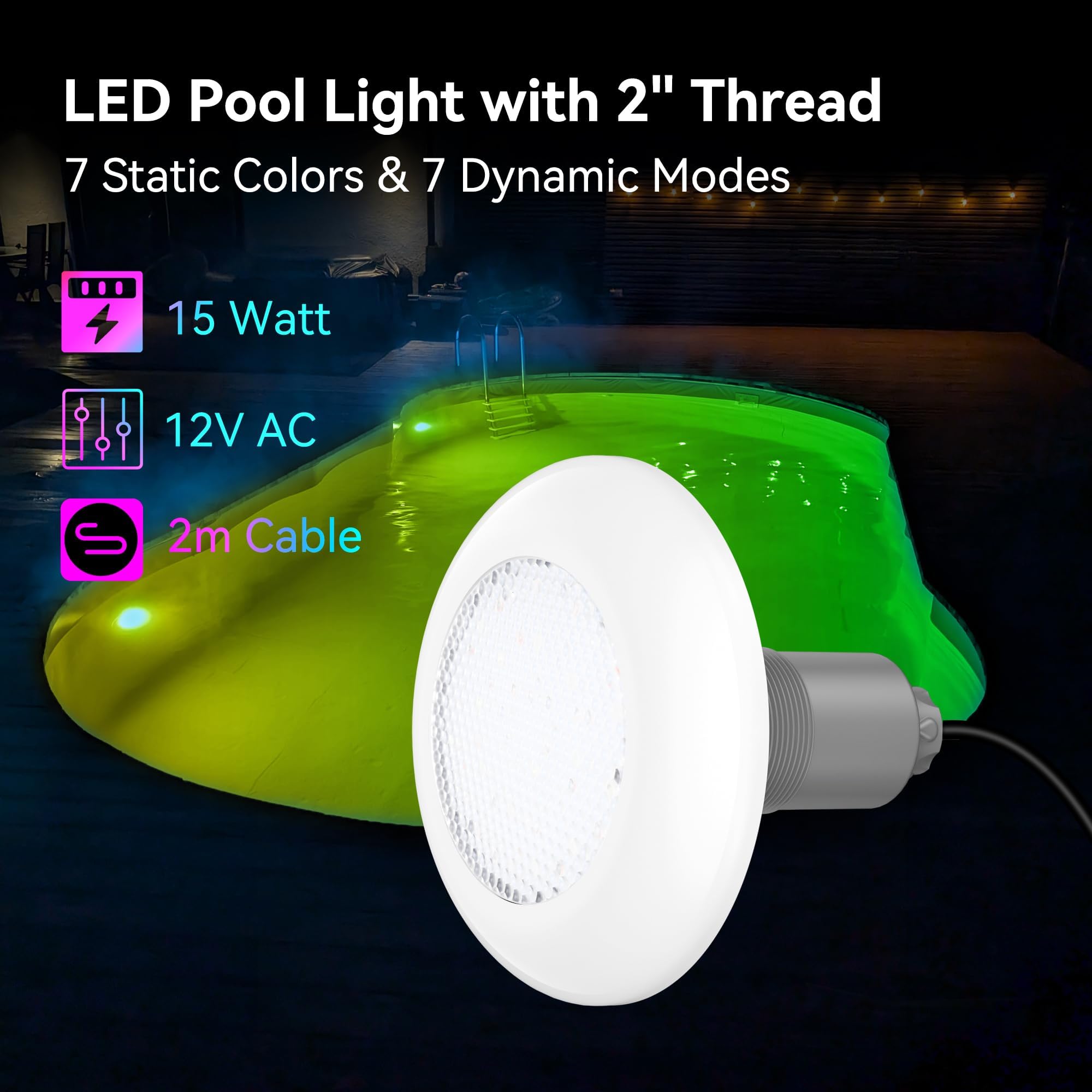 LyLmLe LED Poolscheinwerfer mit Außengewinde 2", 15W RGB Poolbeleuchtung mit Controller & Fernbedienung, Ø190mm, 12V AC Unterwasserscheinwerfer für GFK Fertigbecken Aufstellbecken Holzpool, 2er-Set