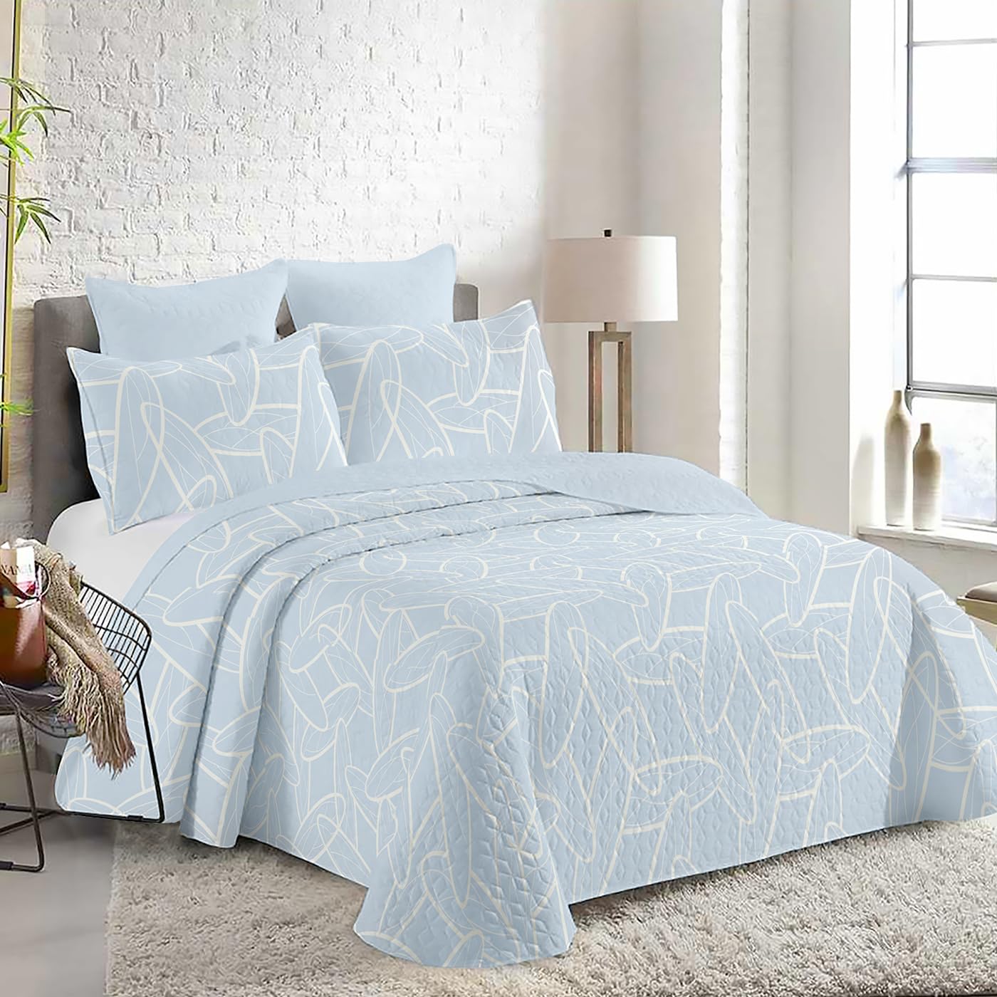 MERCURY TEXTIL- Colcha Bouti Estampada Hojas y Flores, para Verano y Entretiempo 100% Poliéster. Cubre Cama Fina, Ligera y Suave. (Rayas Azul, Cama 90)