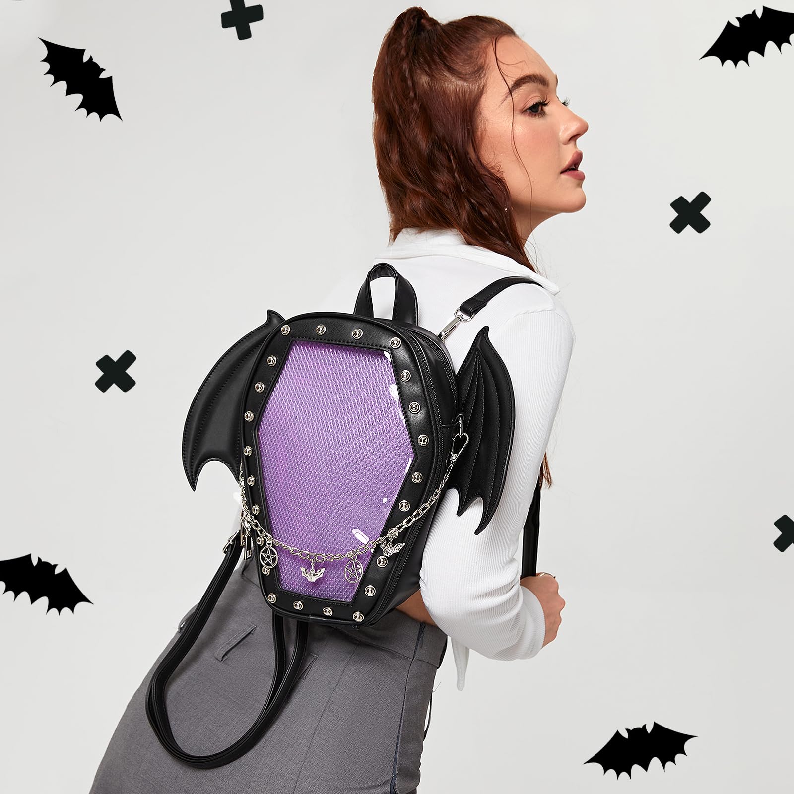 Punk Coffin Shaped Gothic Ita Pins Backpack Clear Window Women Halloween Handbag and Crossbody Bag with Inserts for Pins Display
