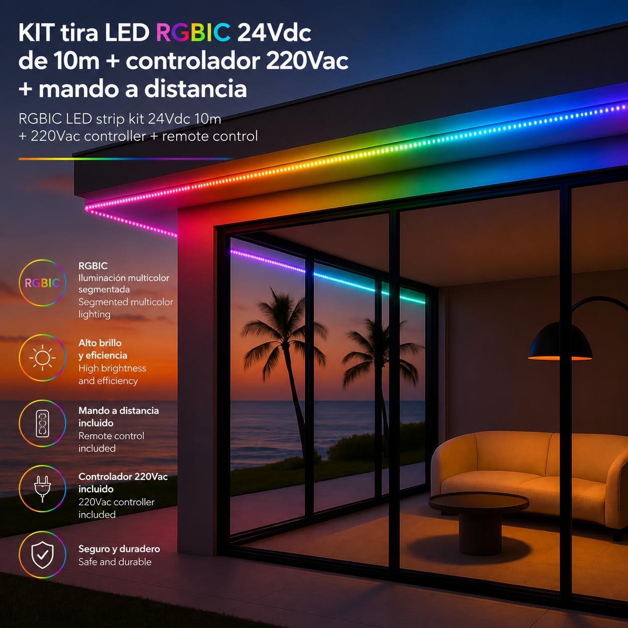Jandei - Kit Tira Led 10metros 24Vdc RGBIC con Controlador 220Vac y Mando, 600 Leds. IP65 Ideal Exteriores