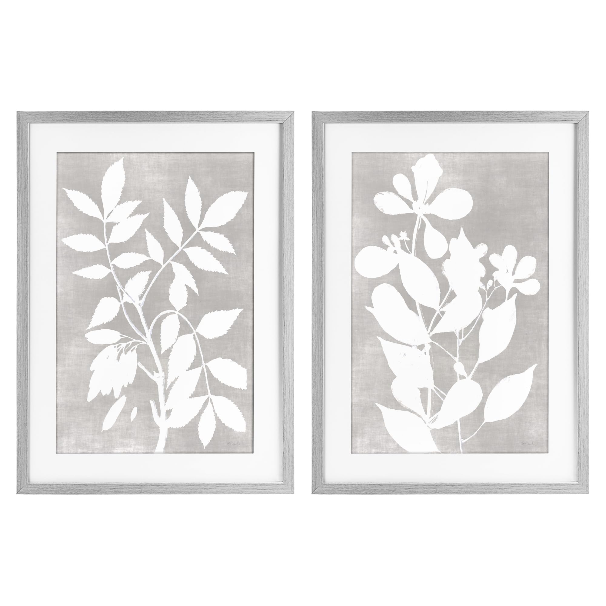 'Grey Foliage Impression'| 2pc Framed Print Under Glass Set