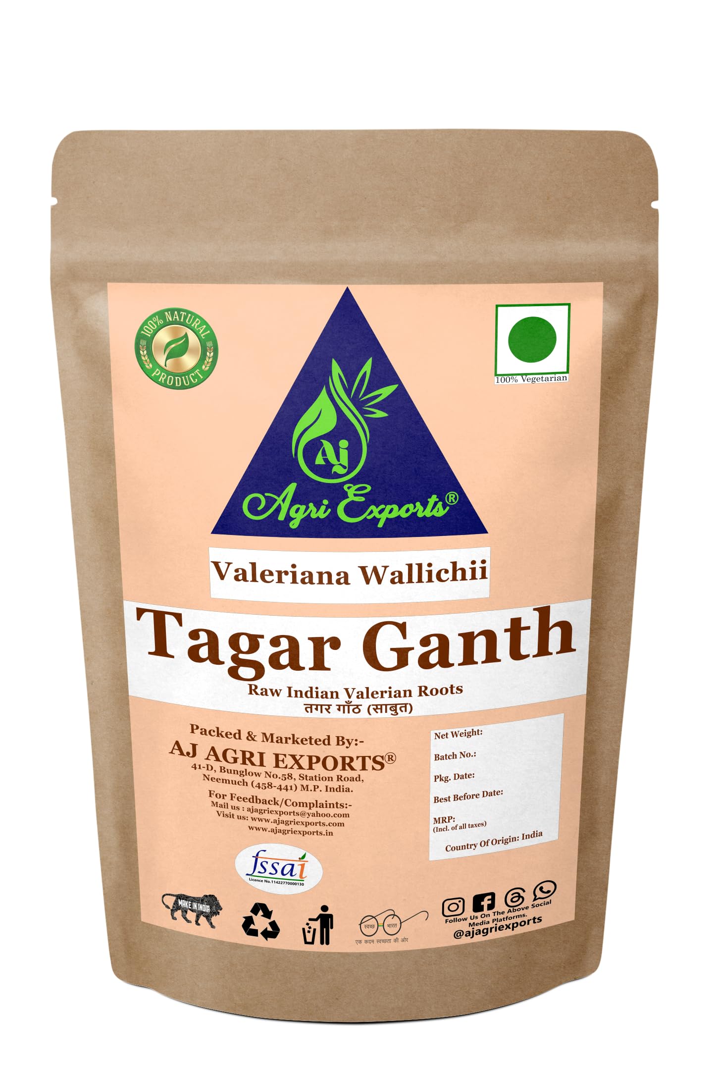 AJ AGRI EXPORTS Tagar Ganth - Tagarganth - Valeriana Wallichii - Mushkbala - Indian Valerian- Sugandhabala - तगर गाँठ (100 Grams)