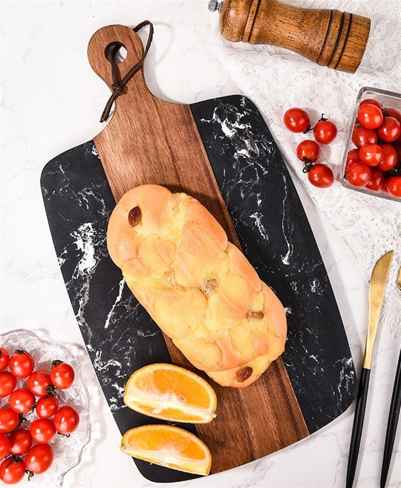 Tabla de Cortar Cocina Tabla De Cortar De Acacia De Mármol Con Mango Para Cocina, Tablas De Cortar Para Carne, Verduras Y Frutas para Cortar Pan, Carne o Verduras(18.5 * 35cm)