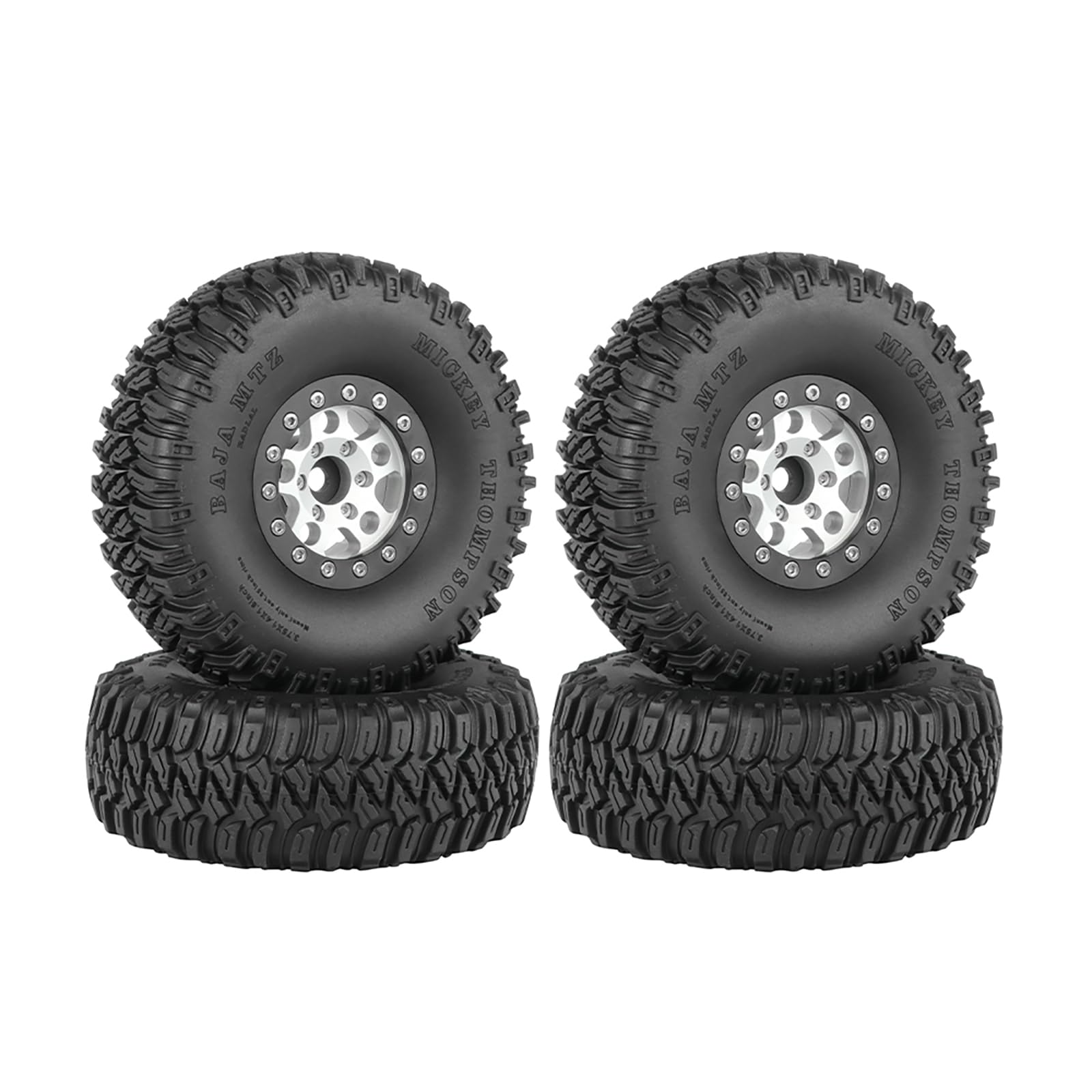 KINGCOO 4PCS 1.55Inch Aluminum Alloy Metal 5Spoke Beadlock Wheel Rims and Rubber Tires Set for 1/10 RC Rock Crawler Car for Axial AX90069 UTB18 D90 TF2 Tamiya Upgrade Parts (Silver+Black, 95MM)