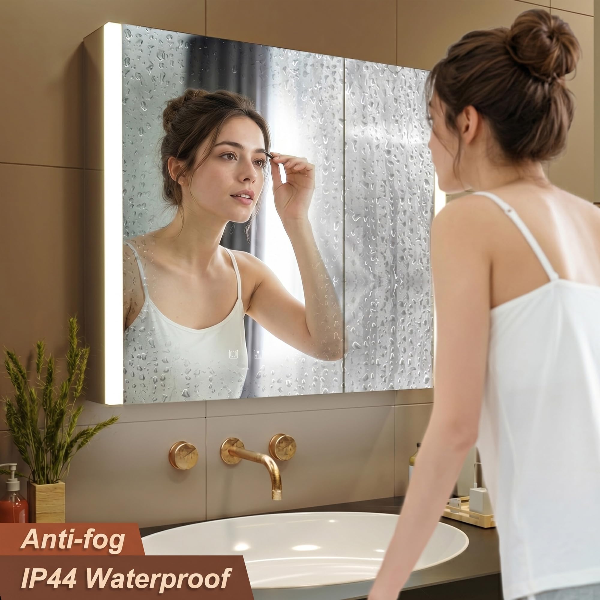 KWW LED Illuminato Bagno Medicine Cabinet con Specchio, Temperatura di Colore Regolabile, Luci Dimmabili Anti-Nebbia, Outlet & USBs, Armadio Medico Montato A Parete (2 ante-80×70)