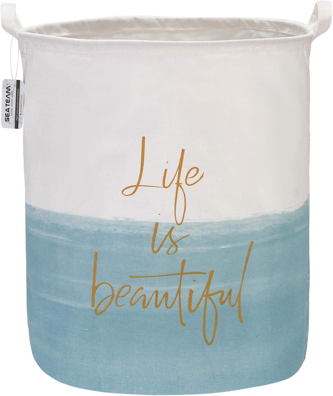 Sea Team 19.7" x 15.7" Large Sized Folding Cylindric Canvas Fabric Laundry Hamper Storage Basket with Two-Tone Design,Blue & White