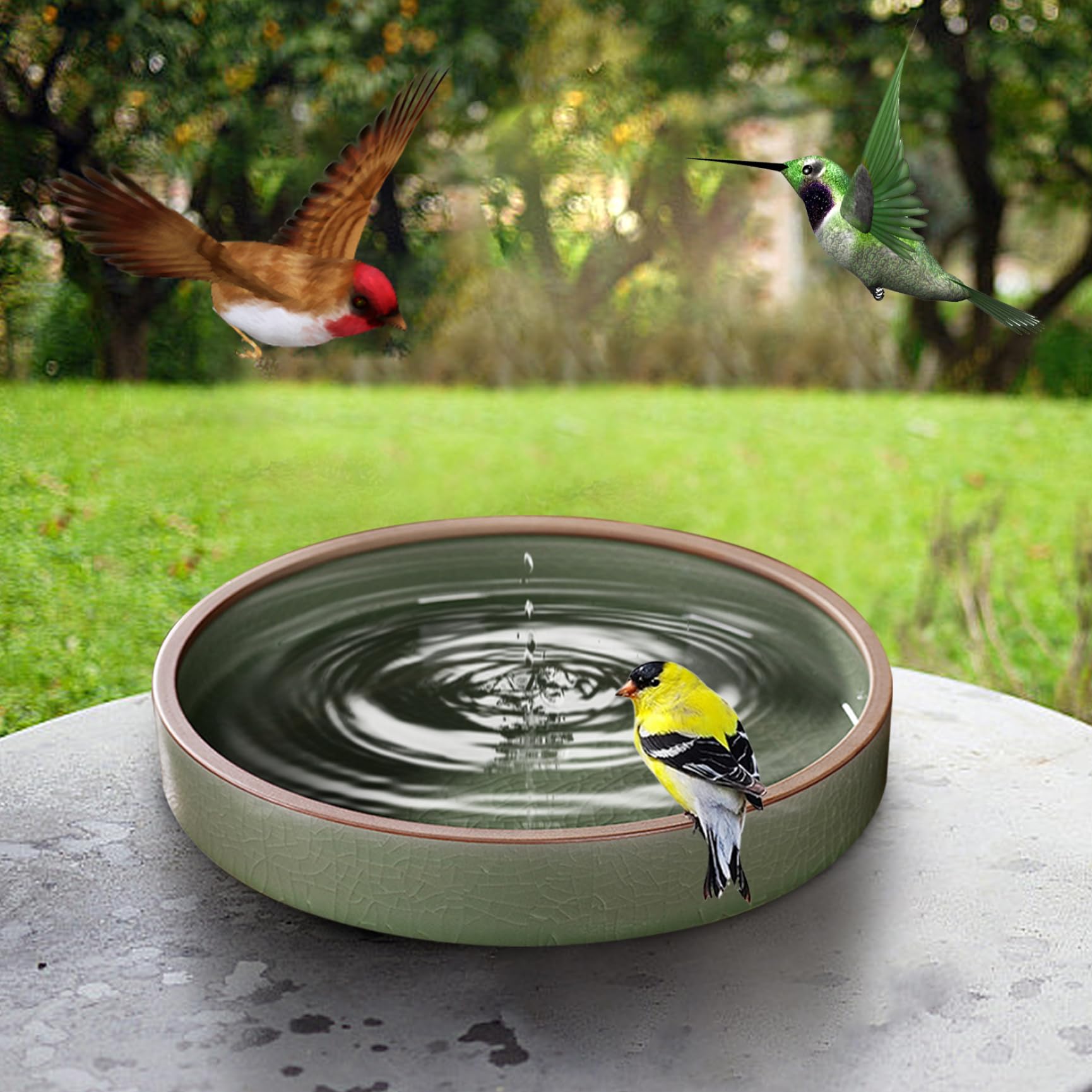 Baño para pájaros para jardín, Cuenco Redondo de cerámica para baño de pájaros de 8, 3 Pulgadas, alimentador de Agua Exterior Verde de 1300ml con Base Antideslizante Estable para jardín